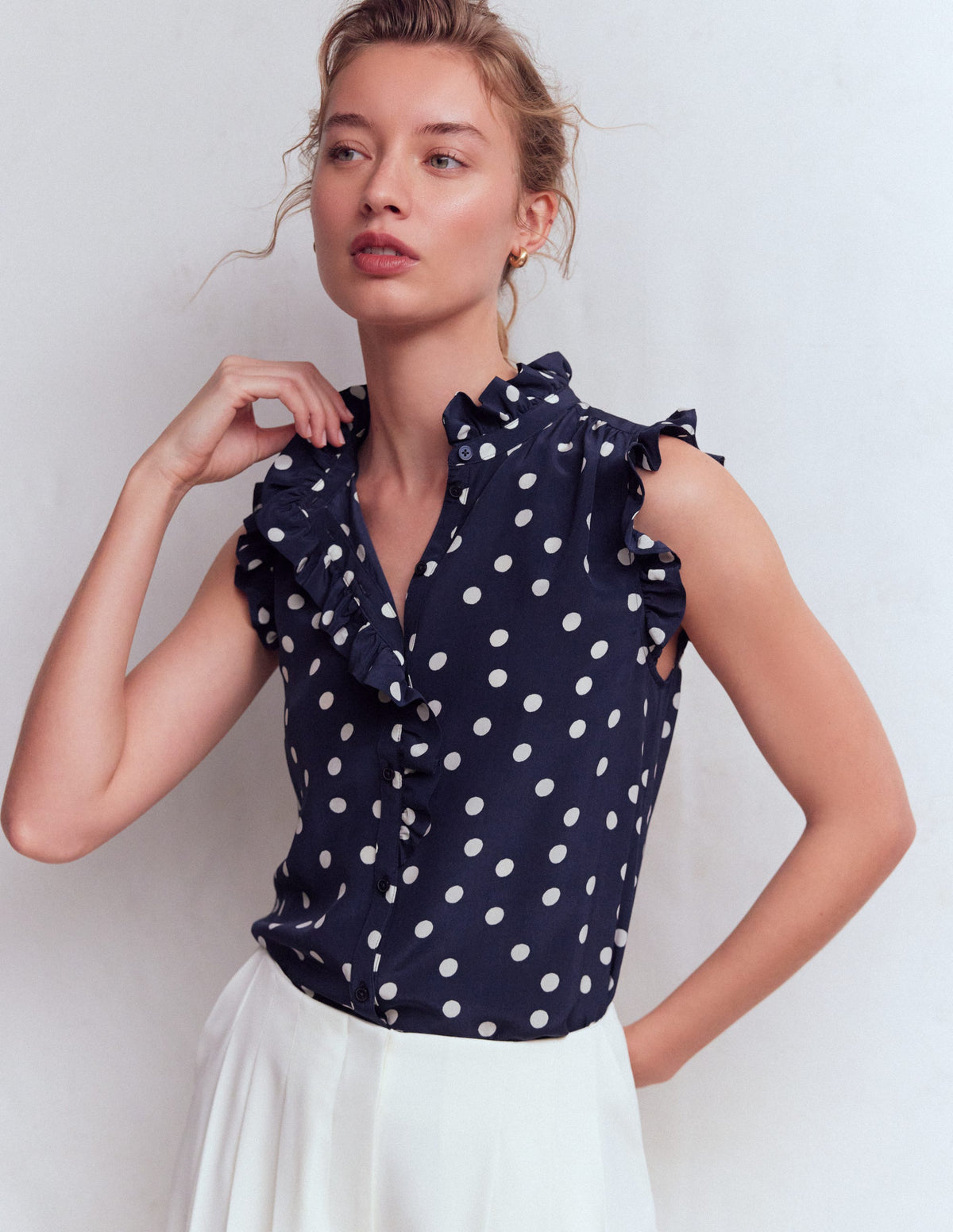 Isabel Sleeveless Silk Top-French Navy, Painted Dot - Image 5