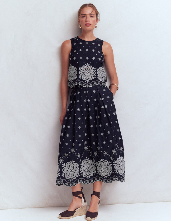 Sofia Broderie Cotton Top-Navy