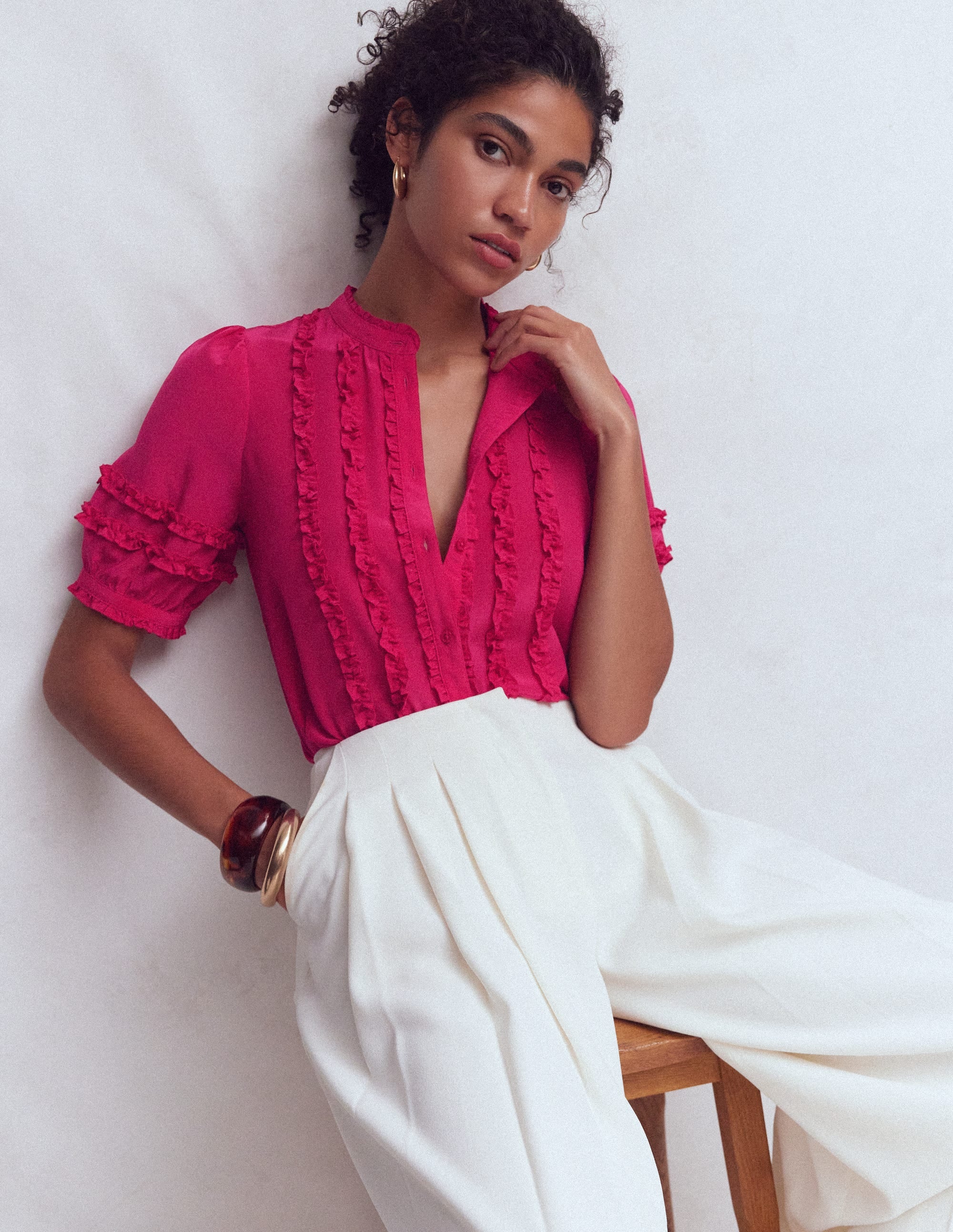 Short Sleeve Silk Ruffle Top-Vibrant Pink - Image 1