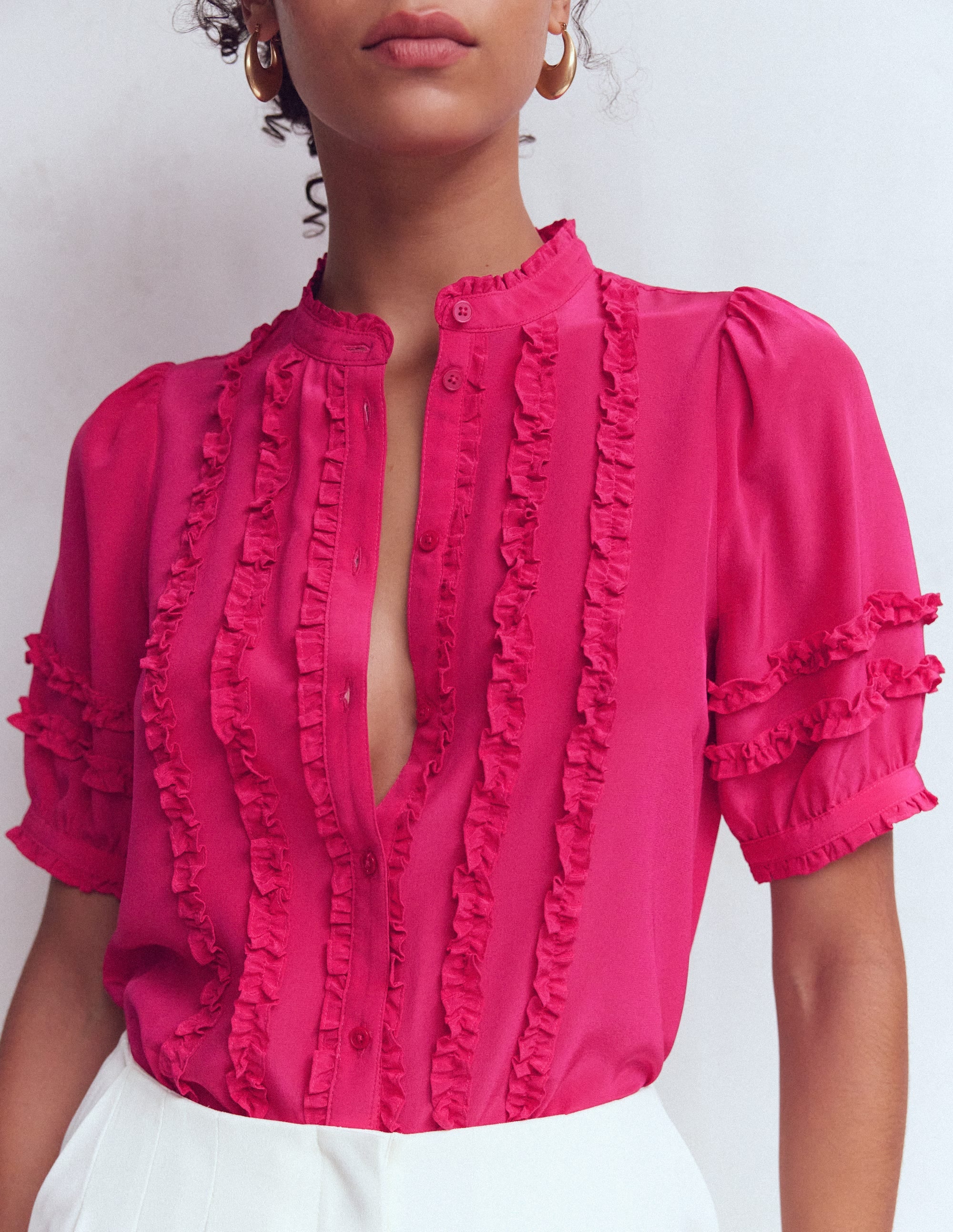 Short Sleeve Silk Ruffle Top-Vibrant Pink - Image 2