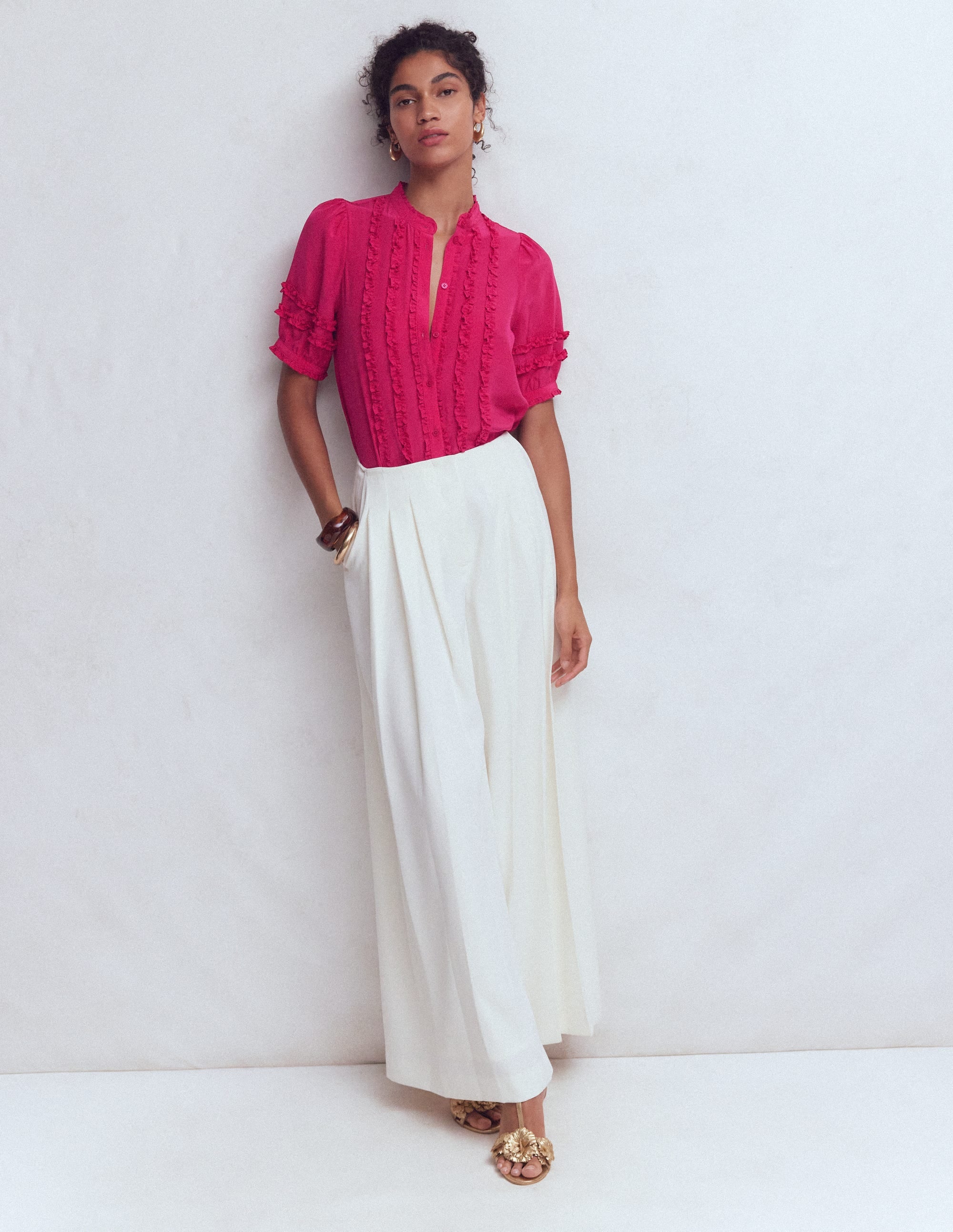 Short Sleeve Silk Ruffle Top-Vibrant Pink - Image 4