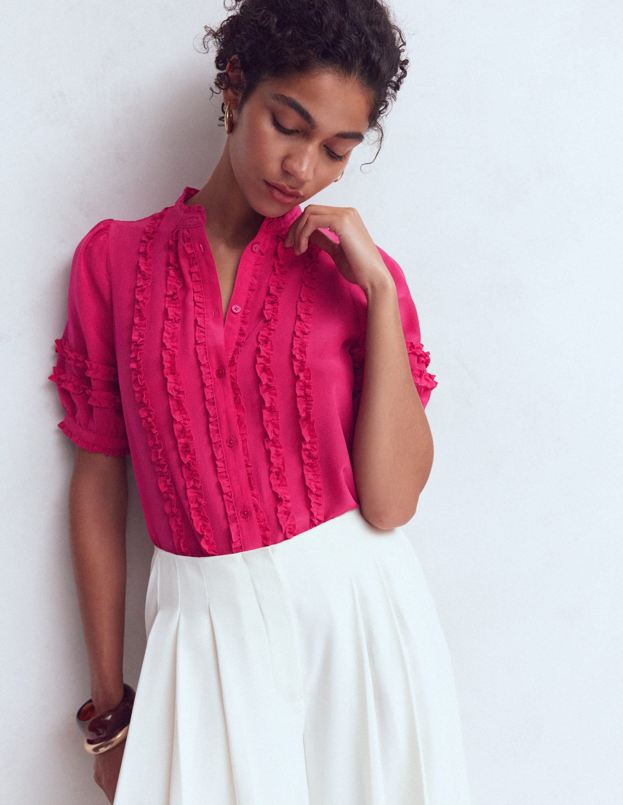 Short Sleeve Silk Ruffle Top-Vibrant Pink - Image 6