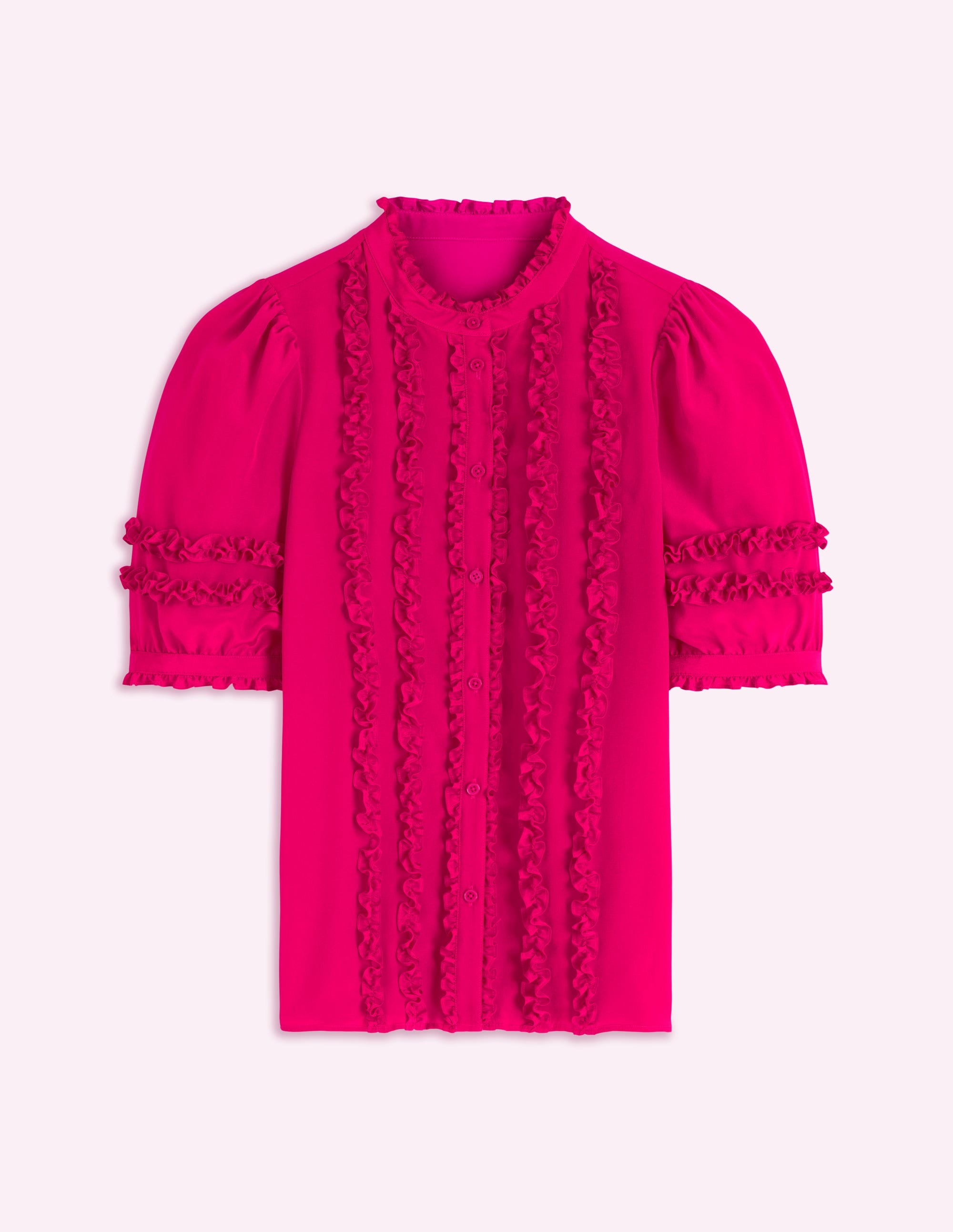 Short Sleeve Silk Ruffle Top-Vibrant Pink - Image 7
