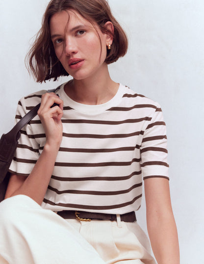Relaxed Cotton T-shirt-Brown and Ivory Stripe-1