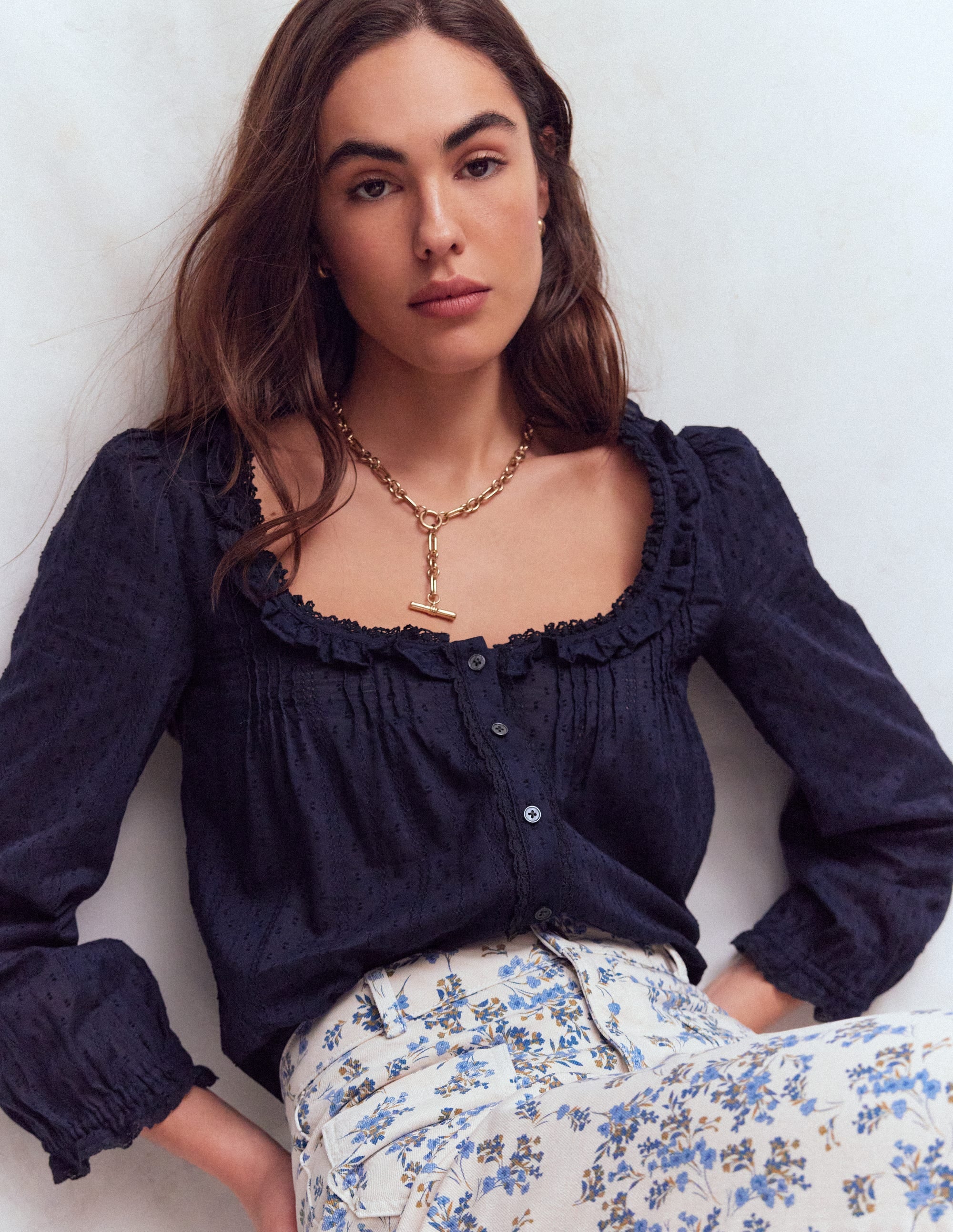 Scoop Neck Ruffle Top-Navy | Boden USA
