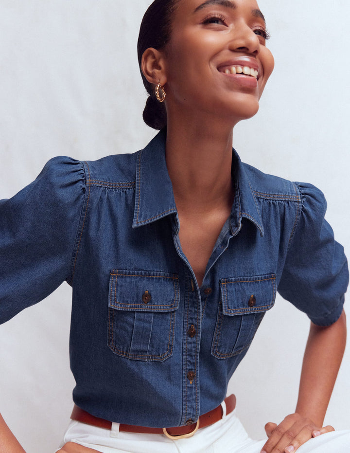 Short Sleeve Denim Top-LIGHT VINTAGE