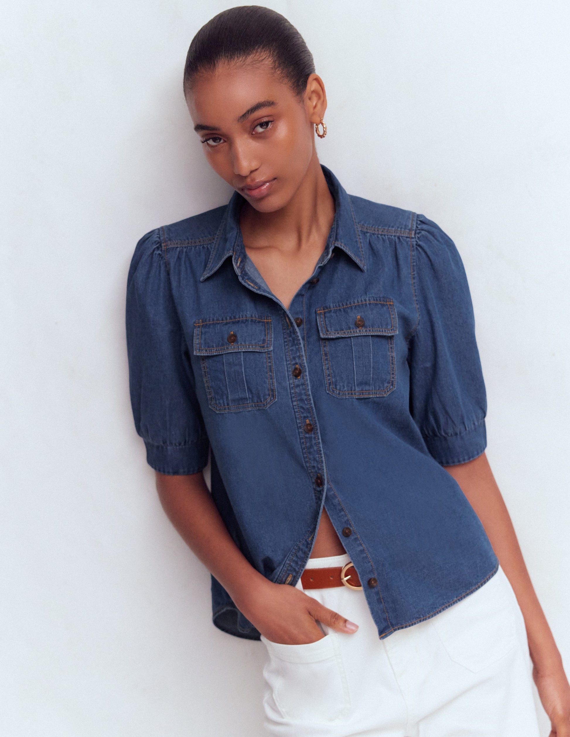 Short Sleeve Denim Top-LIGHT VINTAGE-5