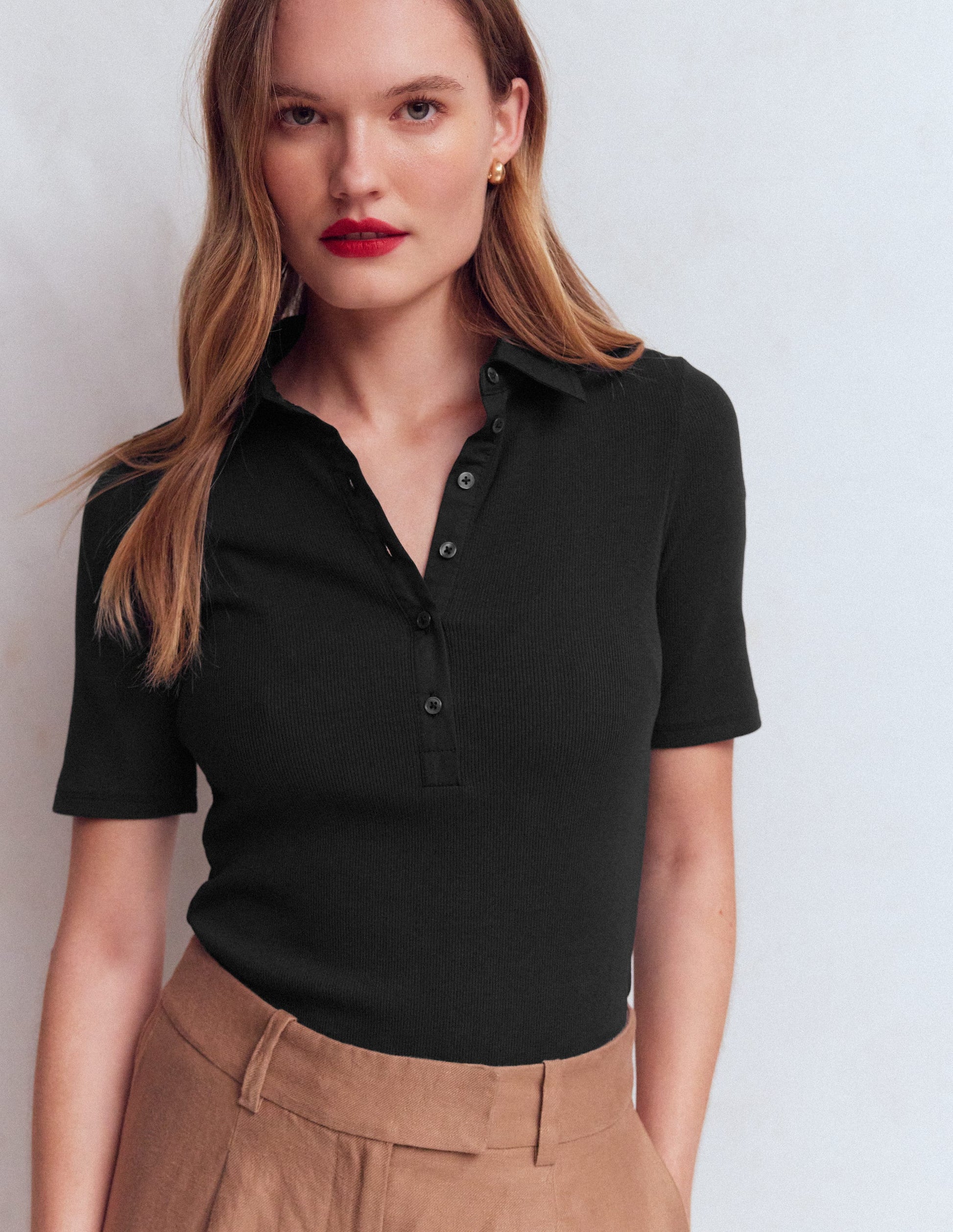 Collared Ribbed Henley Top-Black-1