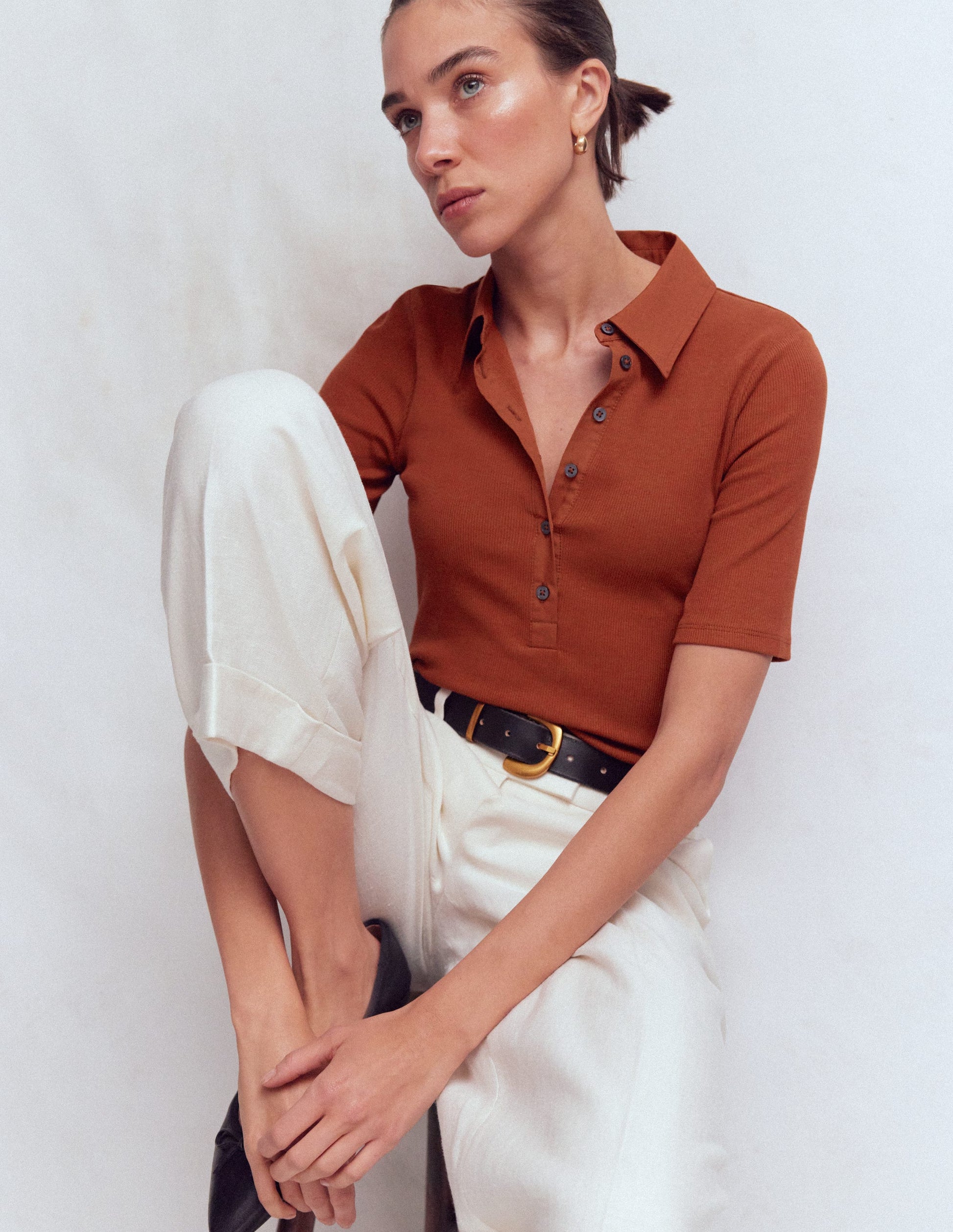 Collared Ribbed Henley Top-Burnt Orange-4