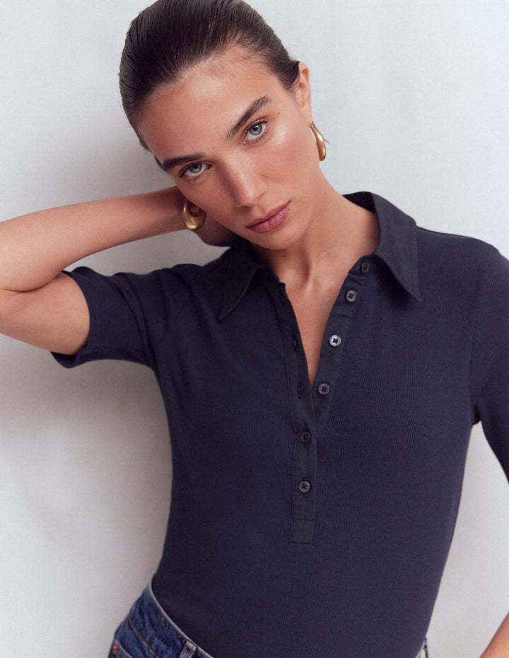 Collared Ribbed Henley Top-Navy