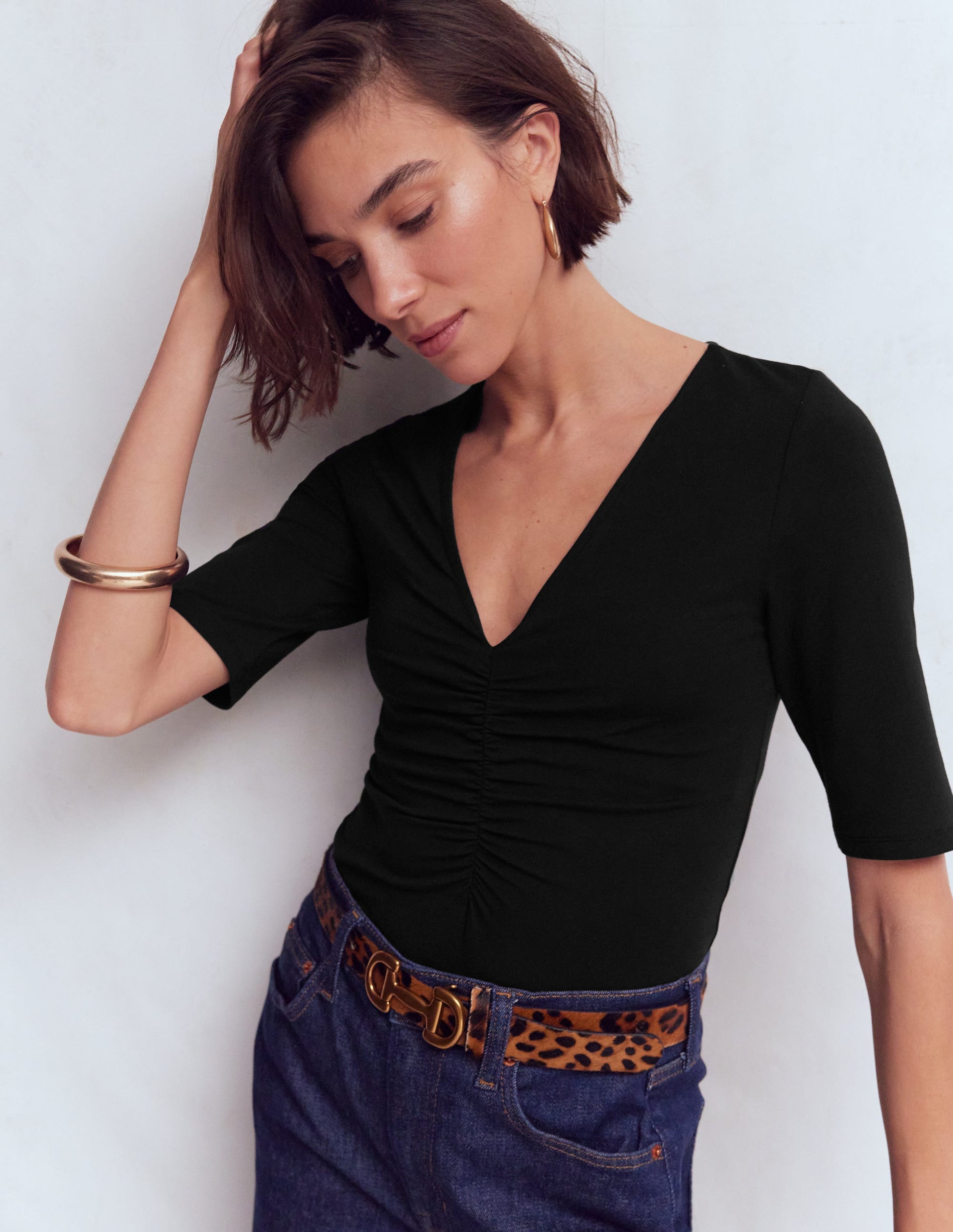 Tia Ruched V-Neck Top-Black-3