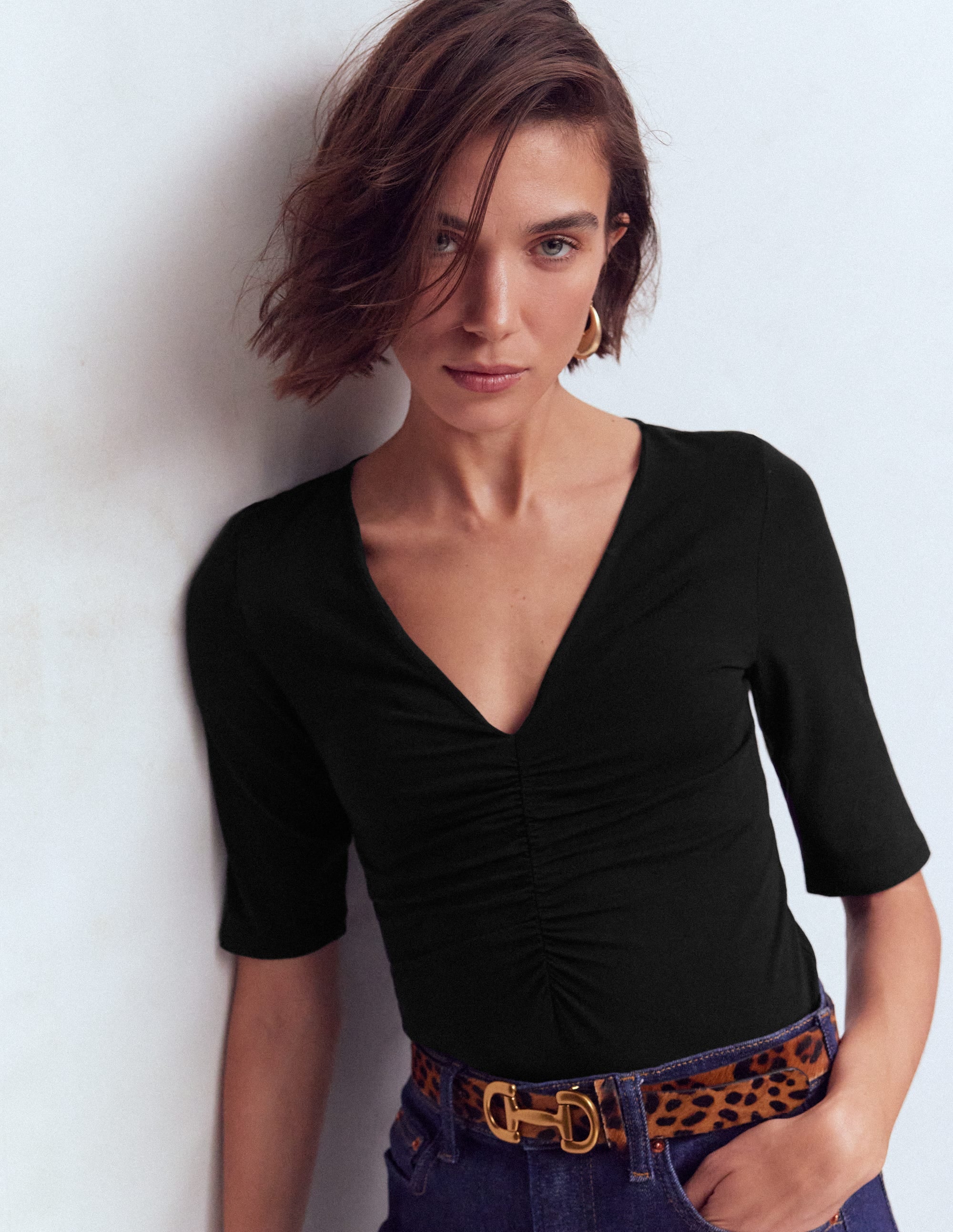 Tia Ruched V-neck Top-Black - Image 4