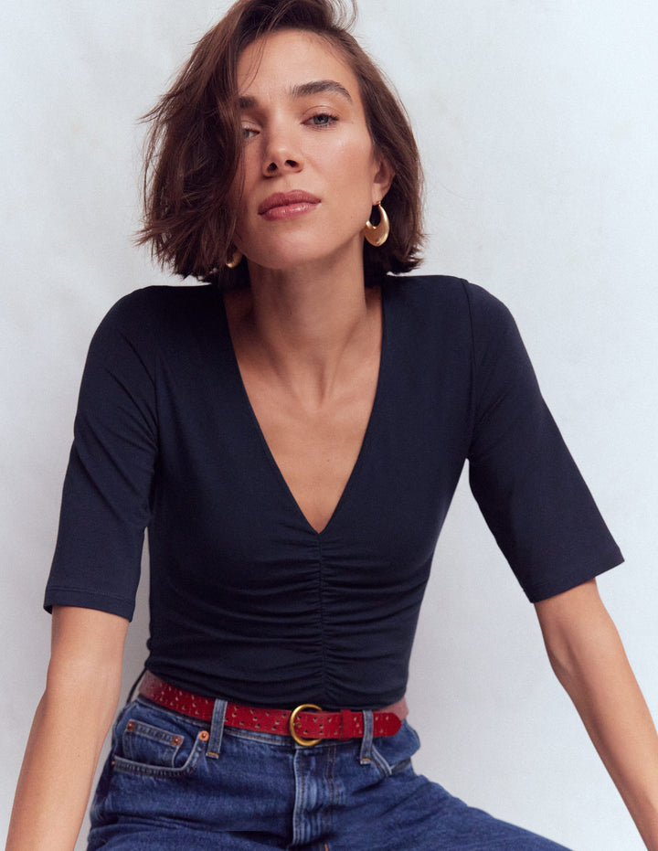 Tia Ruched V-Neck Top-Navy