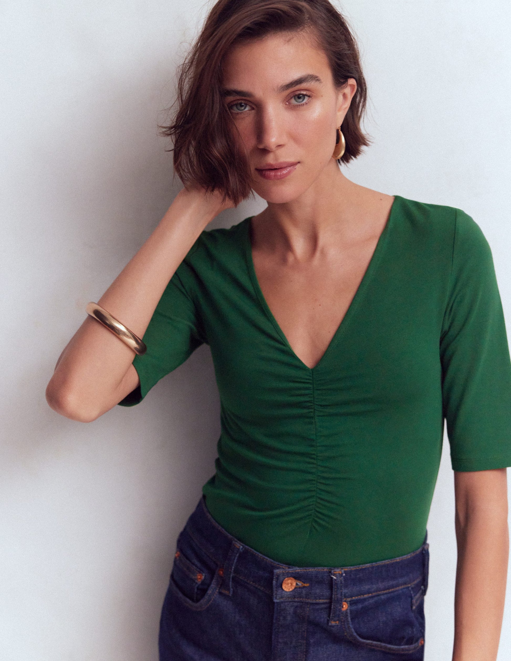 Tia Ruched V-neck Top-Hunter Green-1