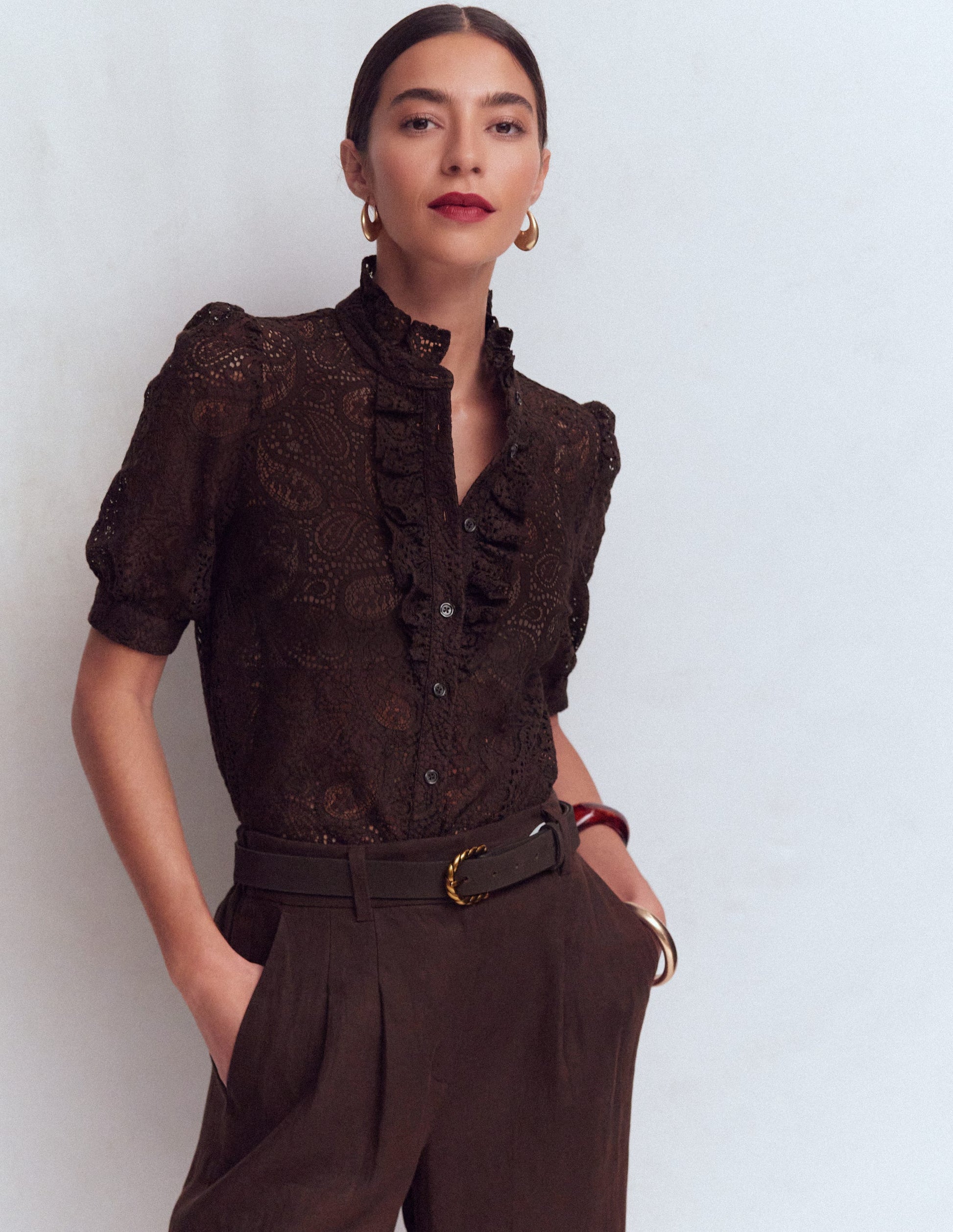 Sasha Short Sleeve Lace Top-Bitter Chocolate-4