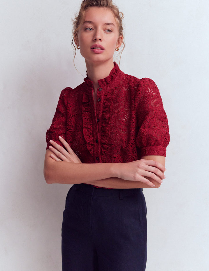 Sasha Short Sleeve Lace Top-Pomegranate
