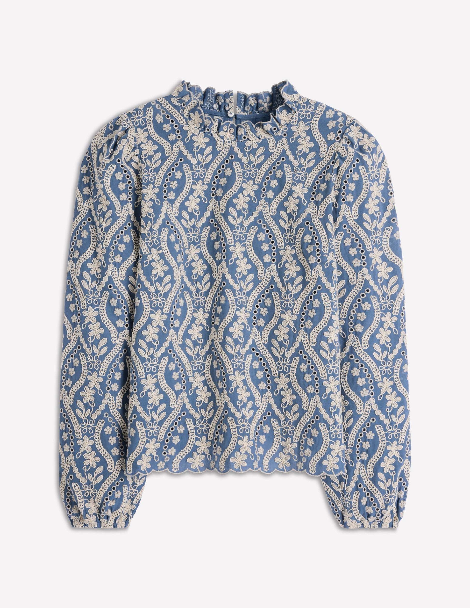 Puff Sleeve Interest Top-Blue and Ivory Broderie-5