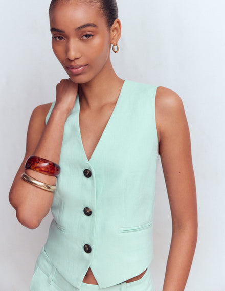 V-neck Linen Waistcoat-Spearmint