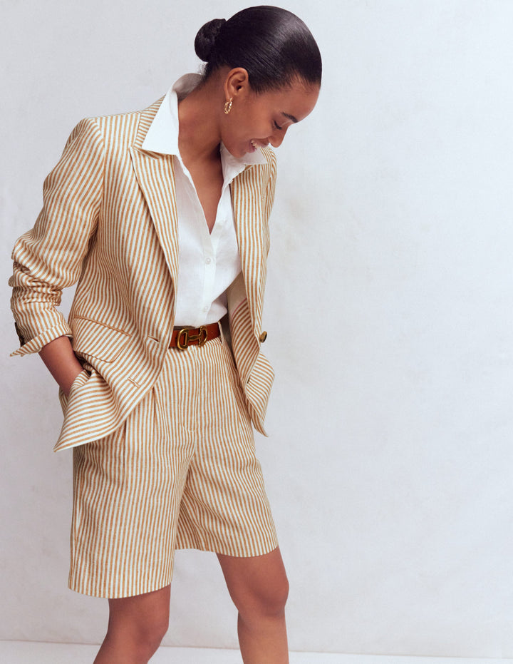 Stamford Linen Blazer-Brown, Ivory Ticking Stripe