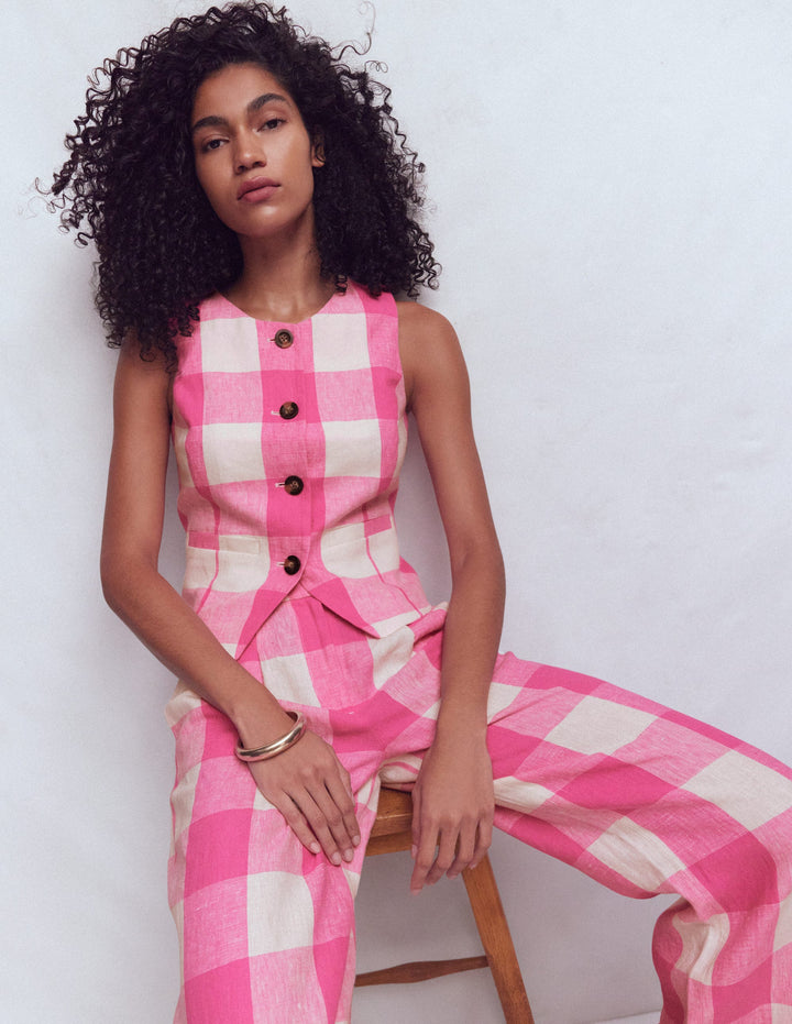 Linen Scoop Neck Waistcoat-Pink Gingham