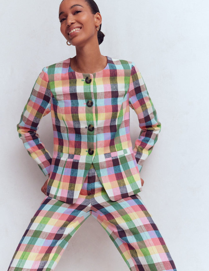 Hampstead Linen Blazer-Soft Yellow, Pink Multigingham