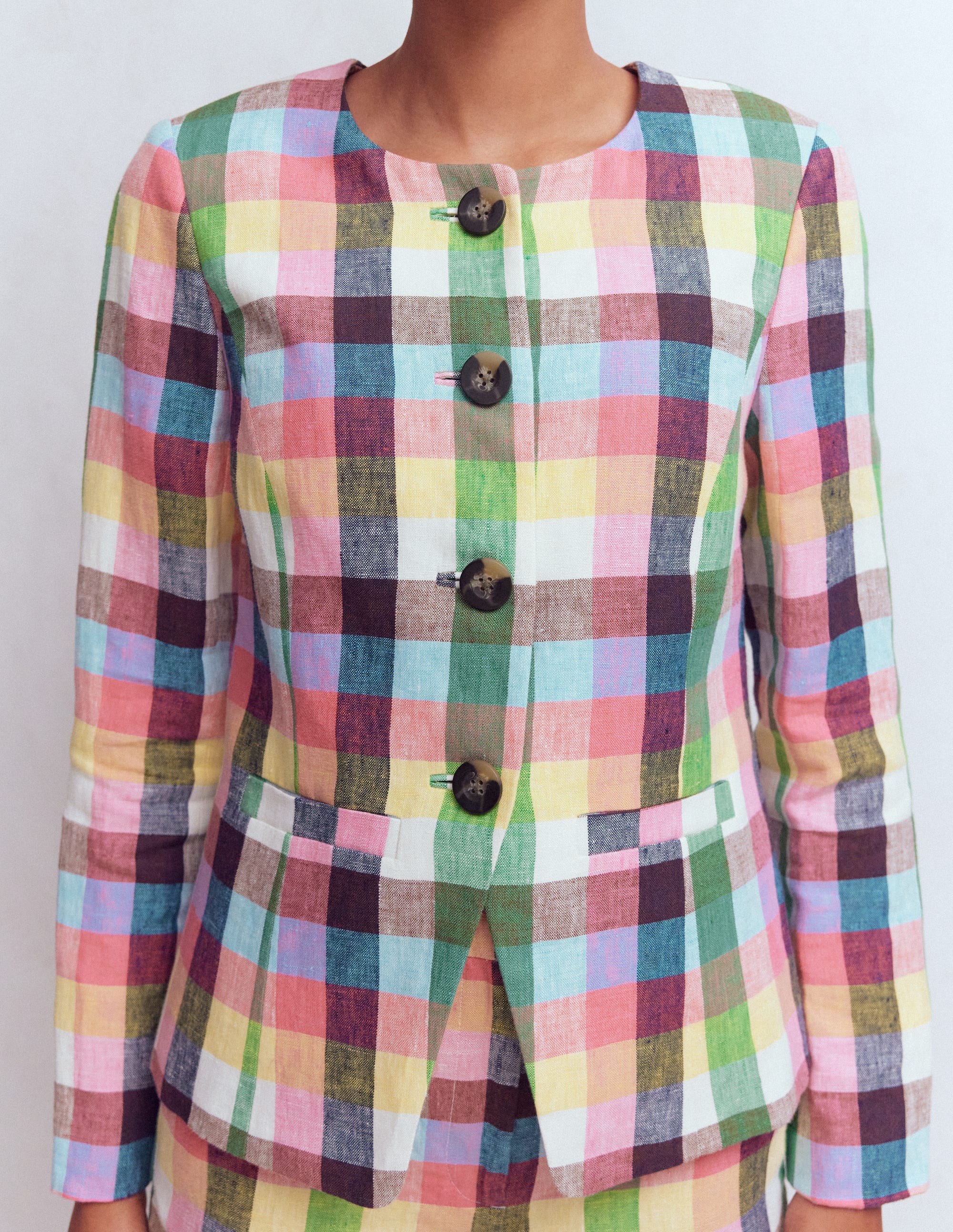 Hampstead Linen Blazer-Soft Yellow, Pink Multigingham - Image 3