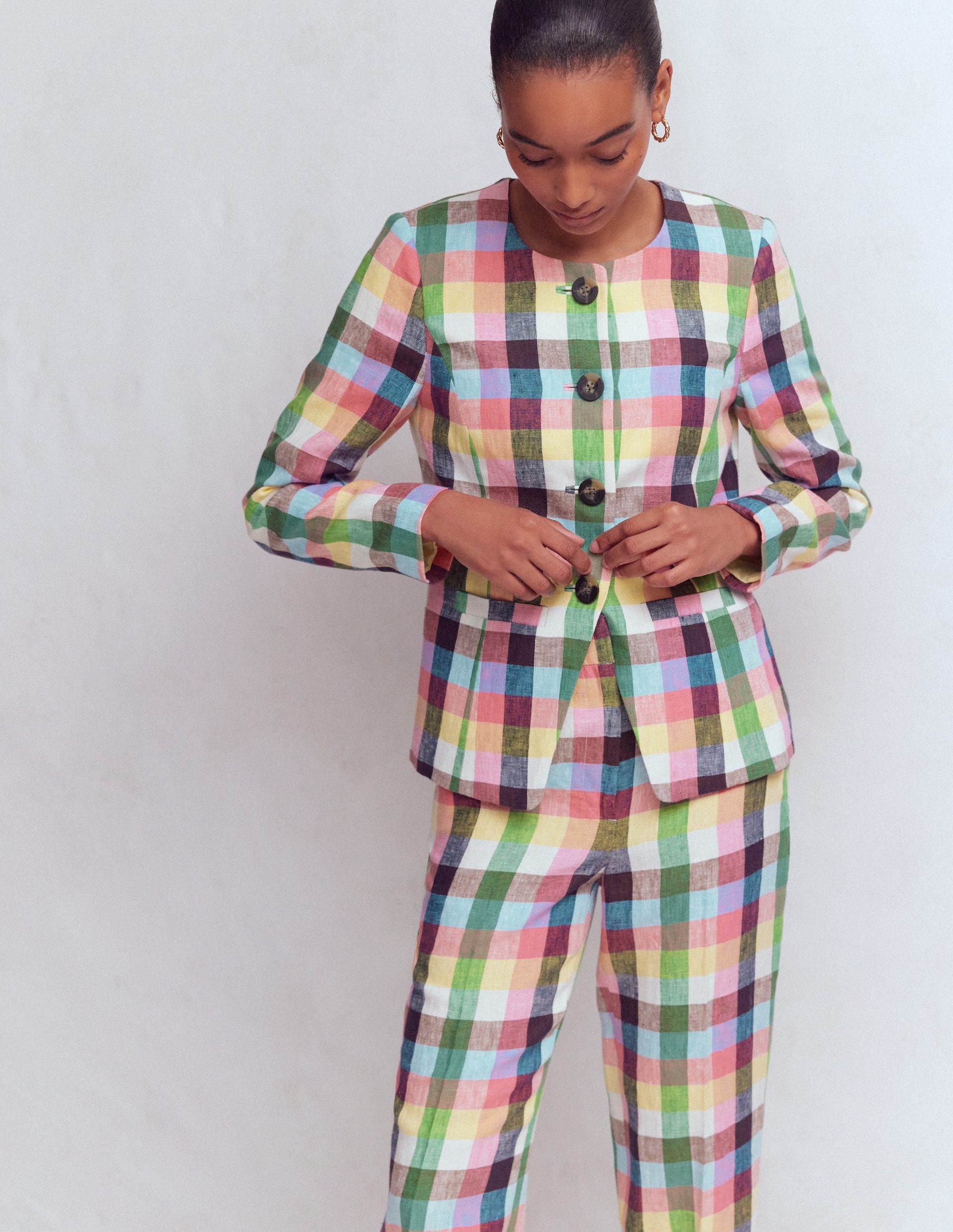 Hampstead Linen Blazer-Soft Yellow, Pink Multigingham-6