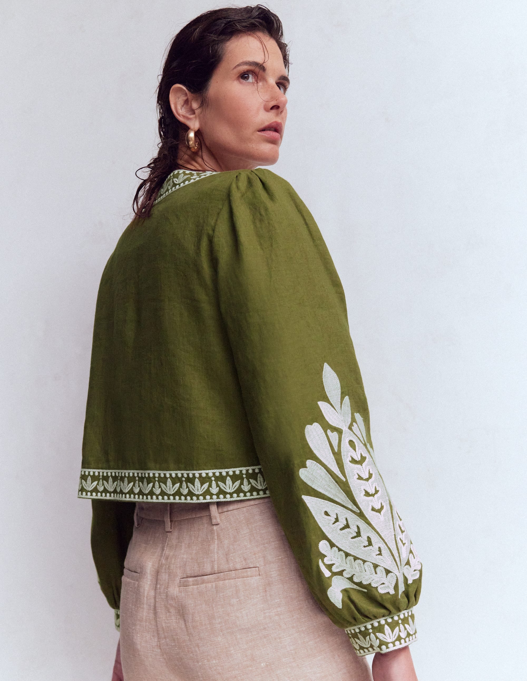 Embroidered Linen Jacket-Woodland Green - Image 3