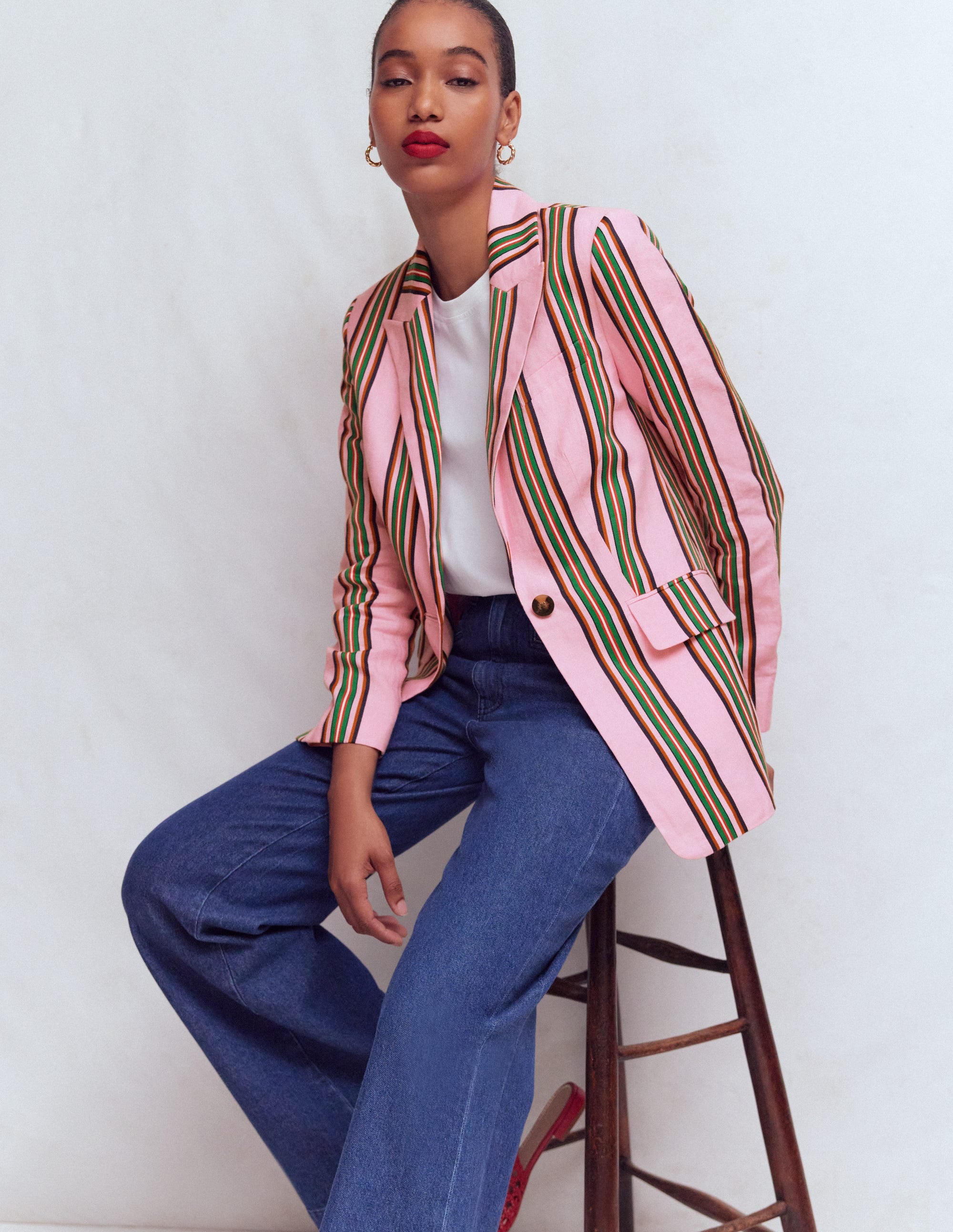 Woodbridge Linen Blazer - Pink, Rich Emerald Stripe | Boden USA