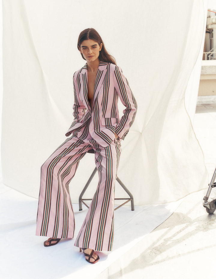 Woodbridge Linen Blazer-Pink, Rich Emerald Stripe