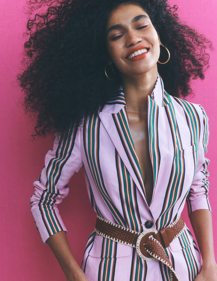 Woodbridge Linen Blazer-Pink, Rich Emerald Stripe