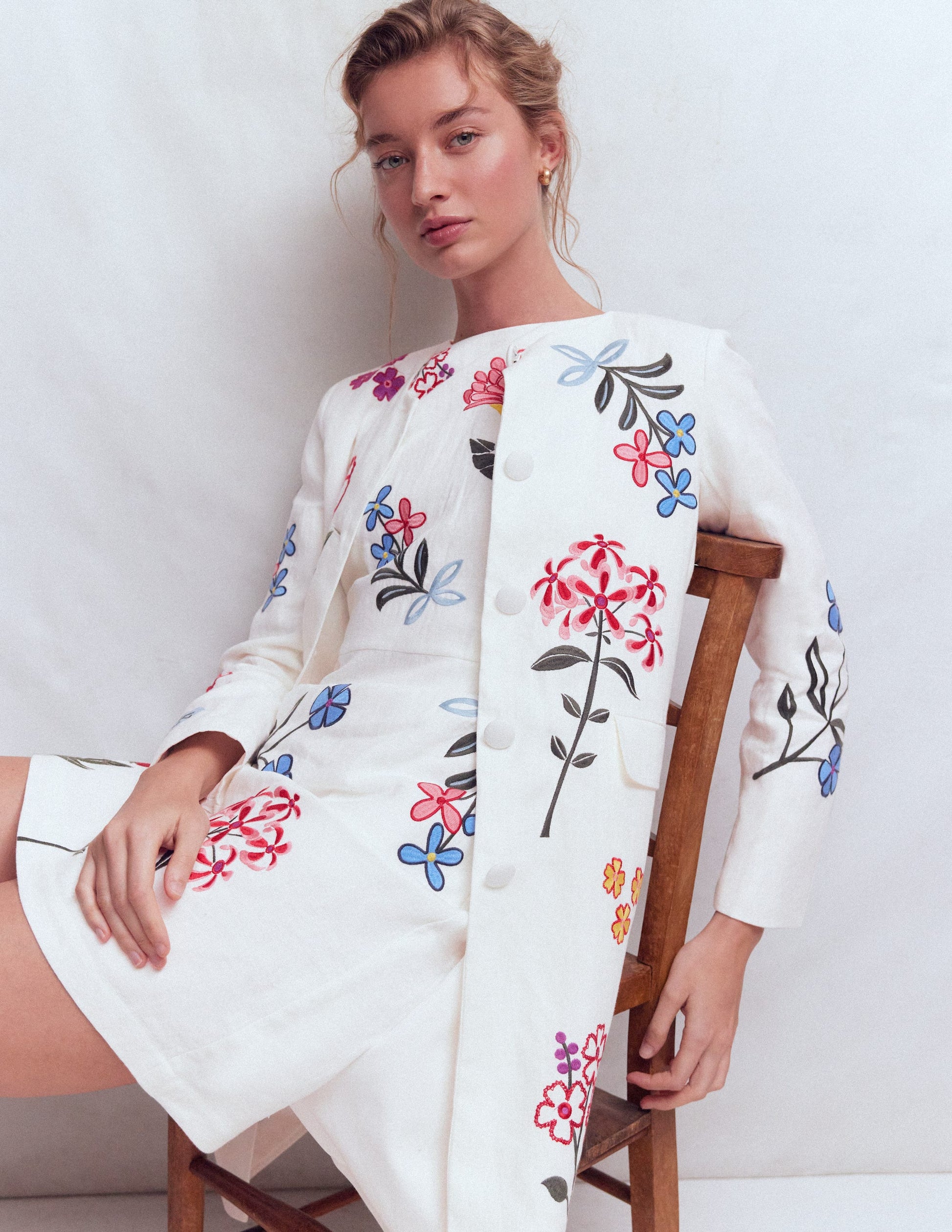 Boden Women's Embroidered Linen Coat in White | Size 10 Boden Women's Embroidered Linen Coat in White | Size 10