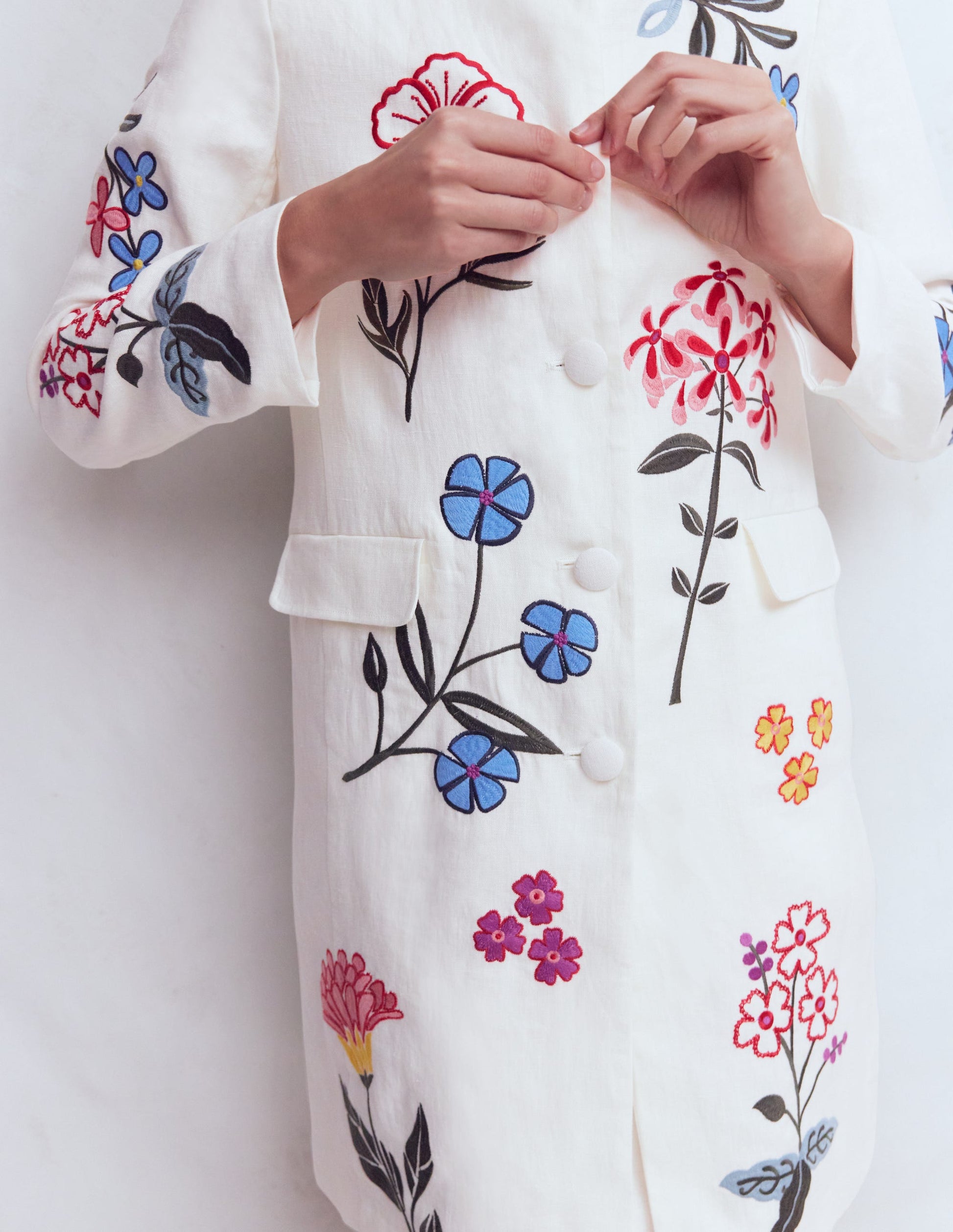 Boden Women's Embroidered Linen Coat in White | Size 10 Boden Women's Embroidered Linen Coat in White | Size 10