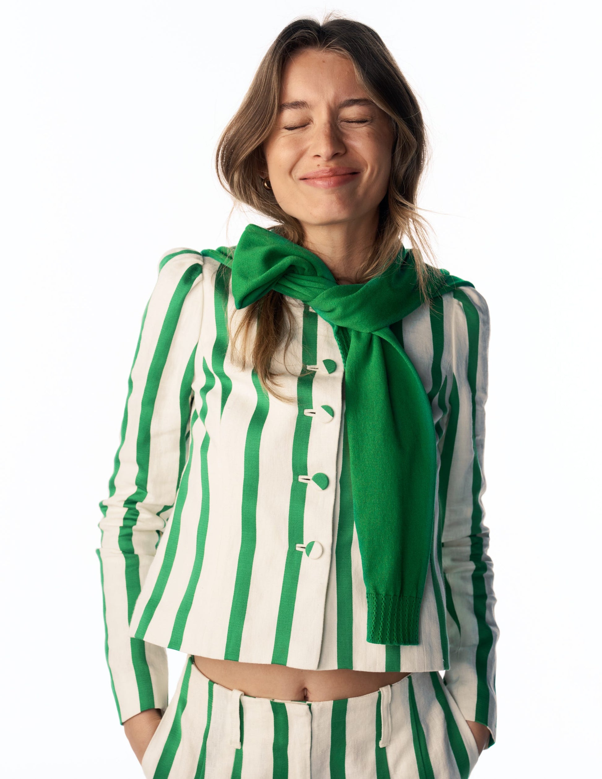 Salisbury Puff Sleeve Jacket-Ivory, Fresh Green Stripe-2