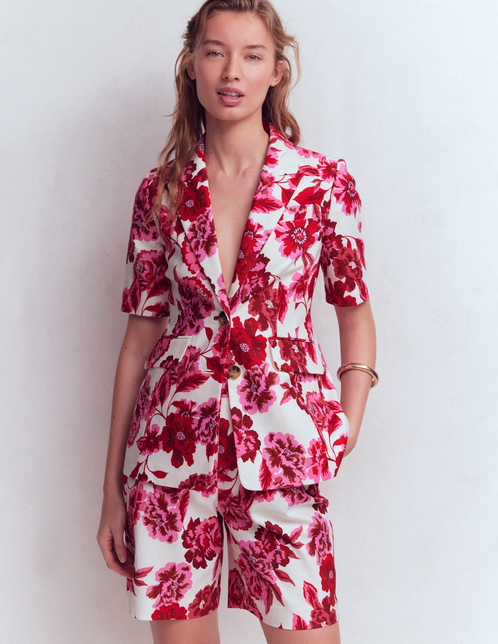 Short Sleeve Cotton Blazer-Sangria Sunset, Floral Print - Image 1