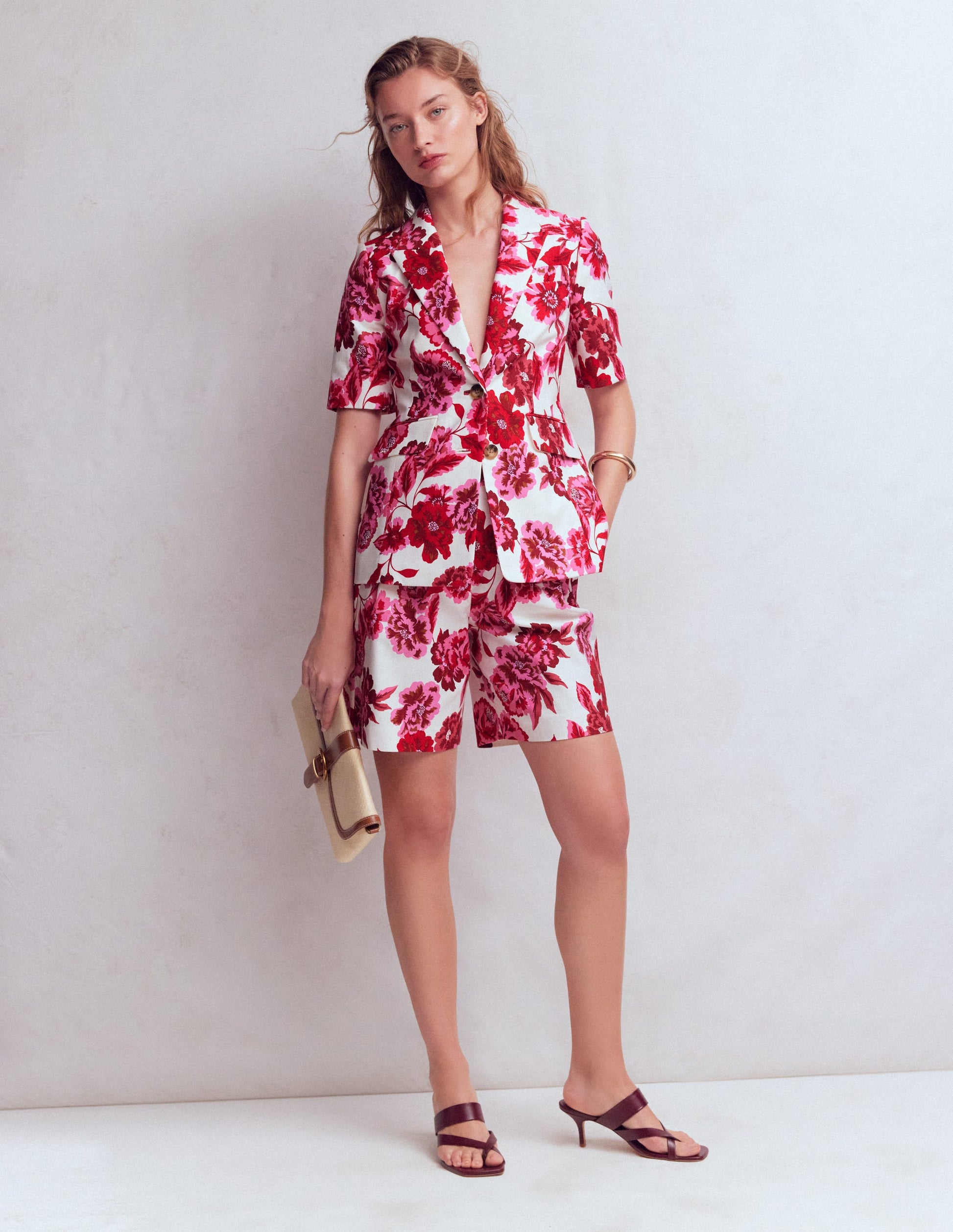 Short Sleeve Cotton Blazer-Sangria Sunset, Floral Print-5