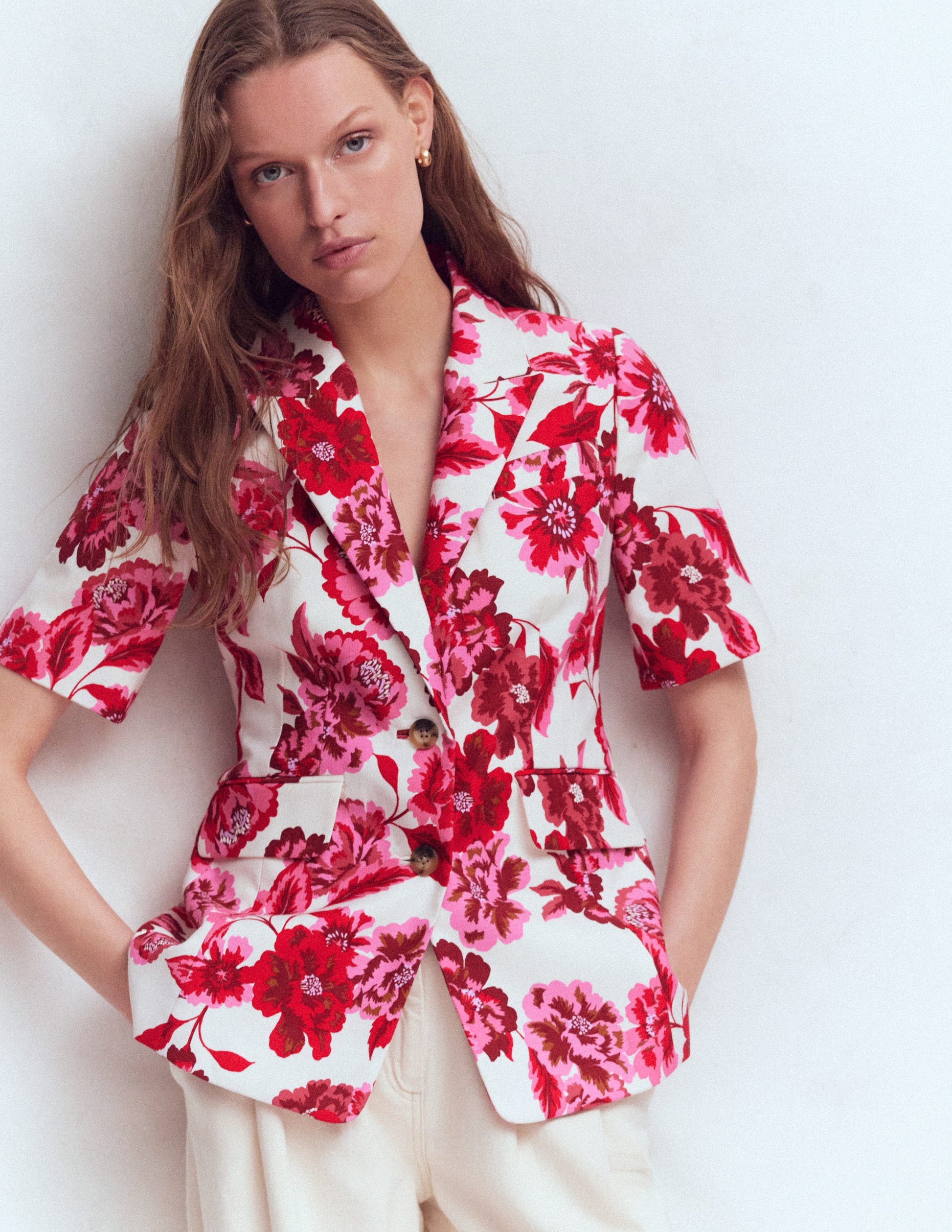 Short Sleeve Cotton Blazer-Sangria Sunset, Floral Print-6