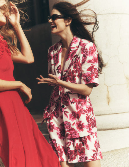 Short Sleeve Cotton Blazer-Sangria Sunset, Floral Print