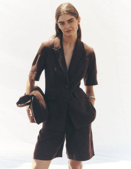 Short Sleeve Linen Blazer-Bitter Chocolate