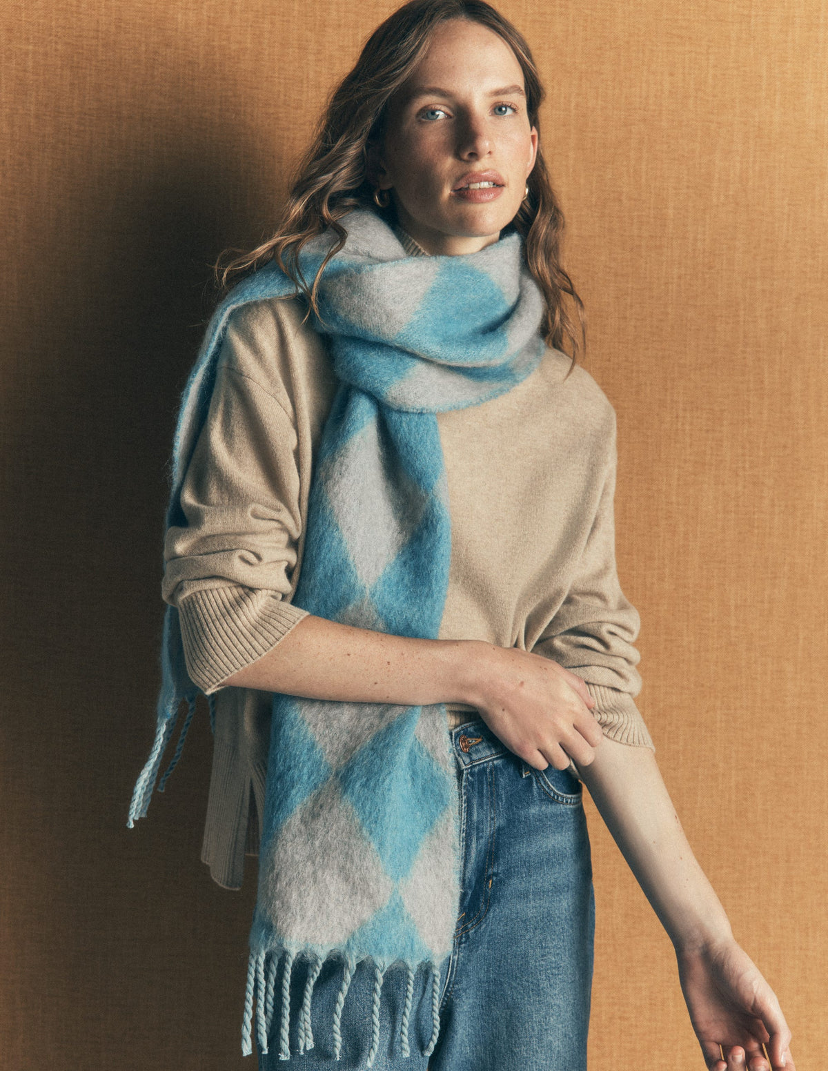 Mohair Woven Scarf-Duck Egg Blue Argyle - Image 2