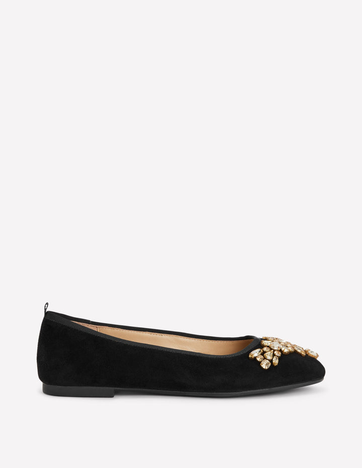 Patti Round Toe Ballet Flats-Black Suede Embellished