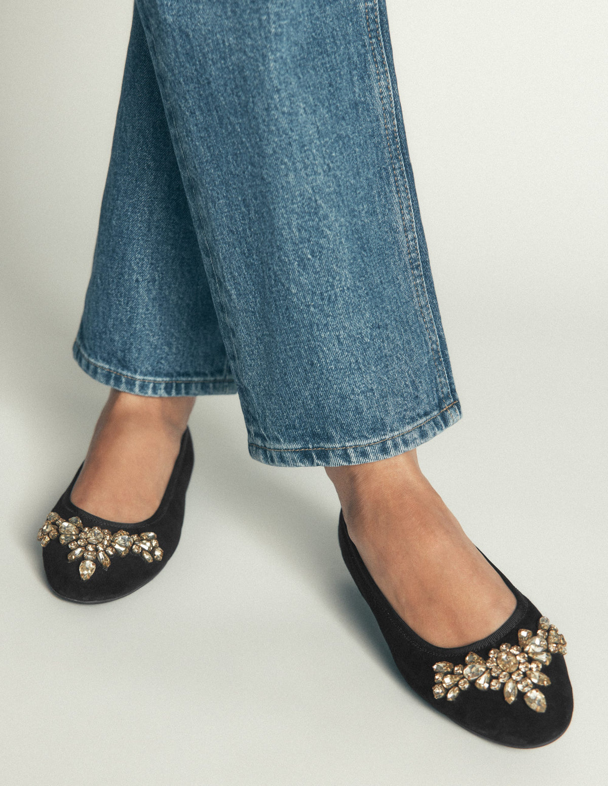Patti Round Toe Ballet Flats-Black Suede Embellished - Image 2