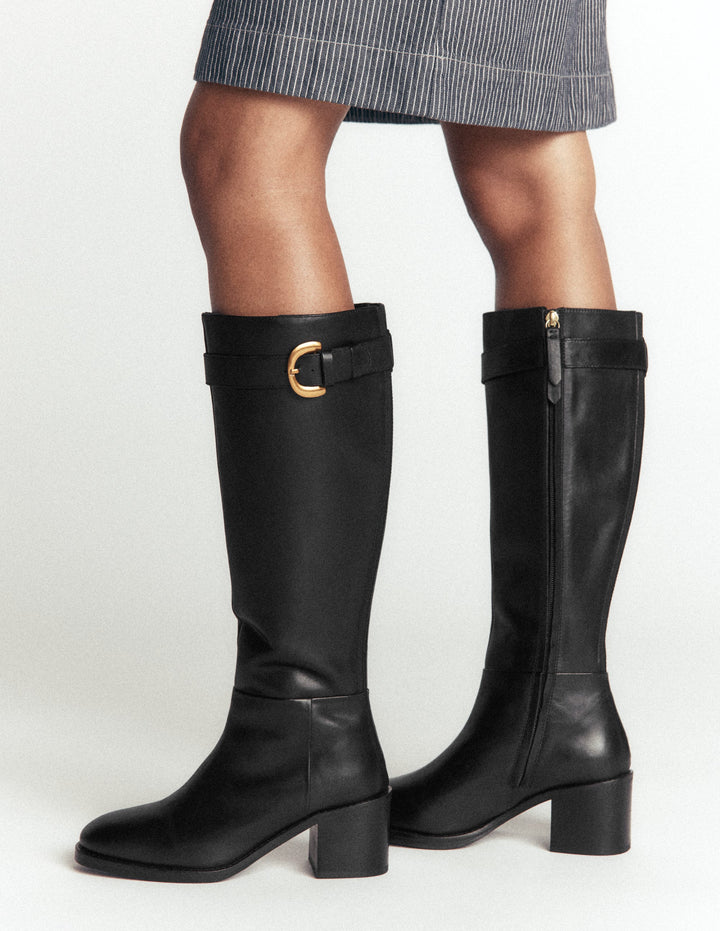 Buckle Detail Knee Boot-Black