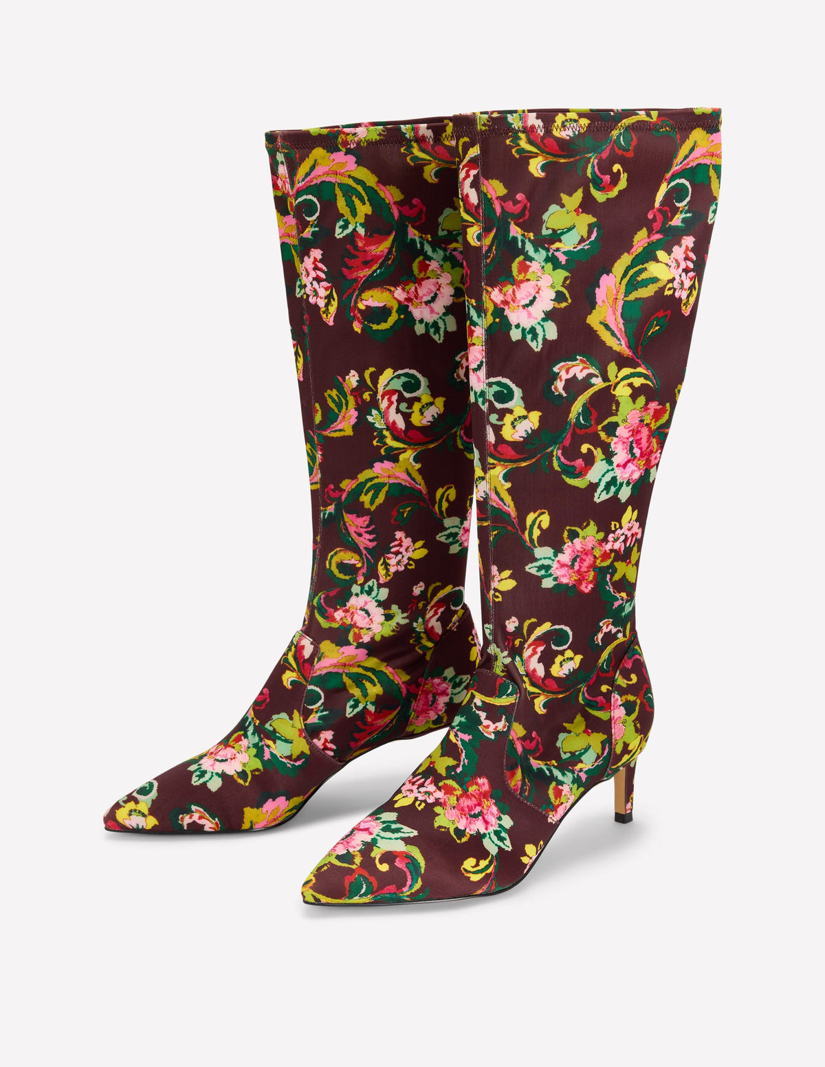 Stretch Kitten Heel Boots-Floral Print-4
