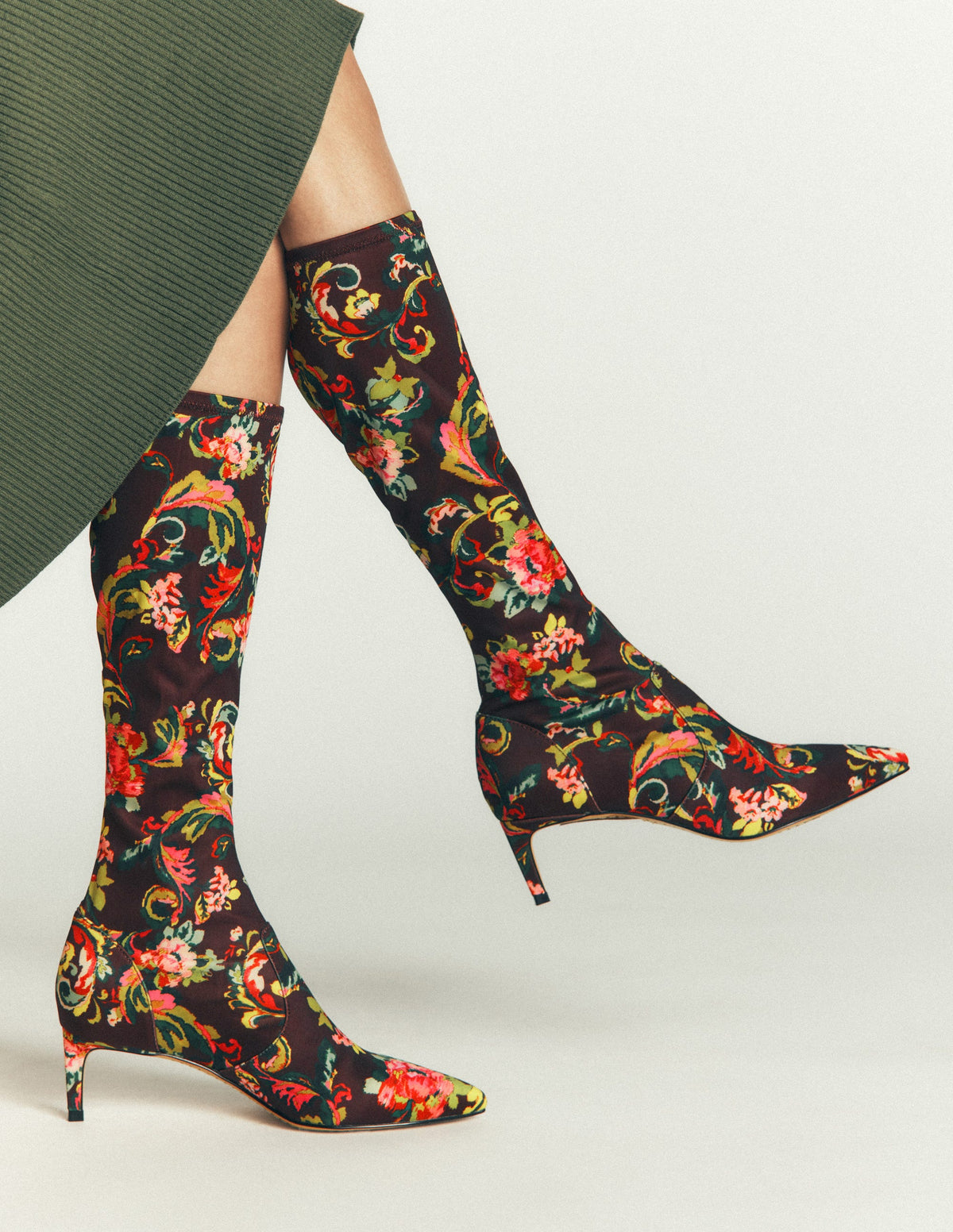 Stretch Kitten Heel Boots-Floral Print-2