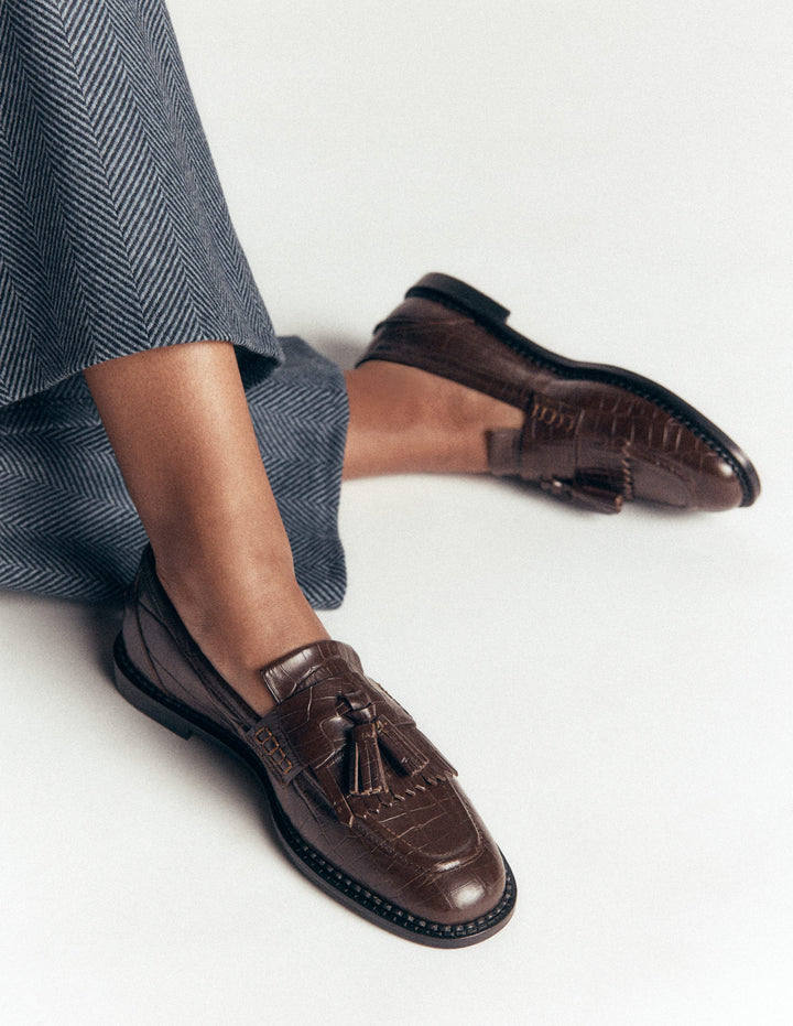 Nya Ghillie Flat Loafers-Chocolate Croc Embossed