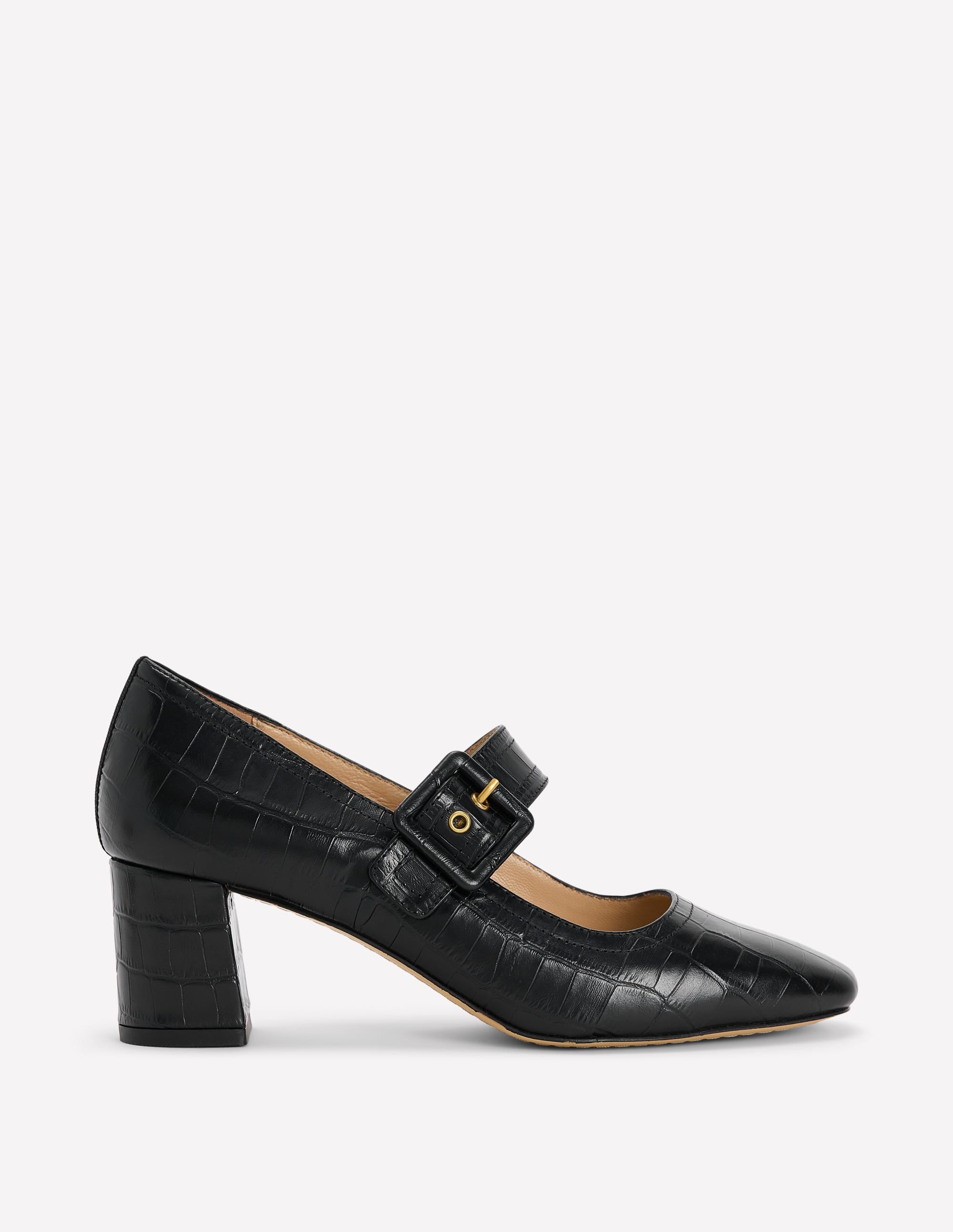 Buckle Strap Block Heels-Black Croc Embossed - Image 1