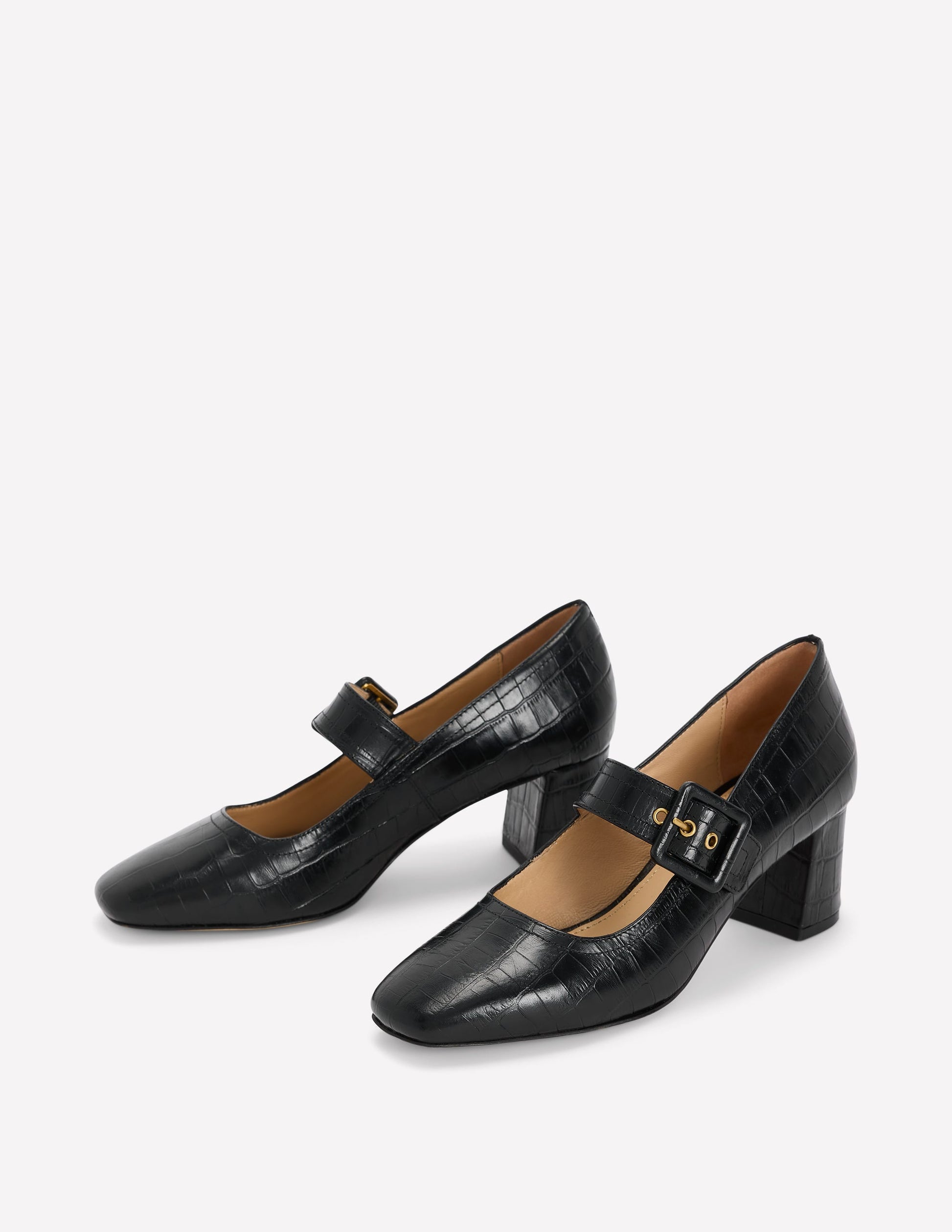 Buckle Strap Block Heels-Black Croc Embossed-3