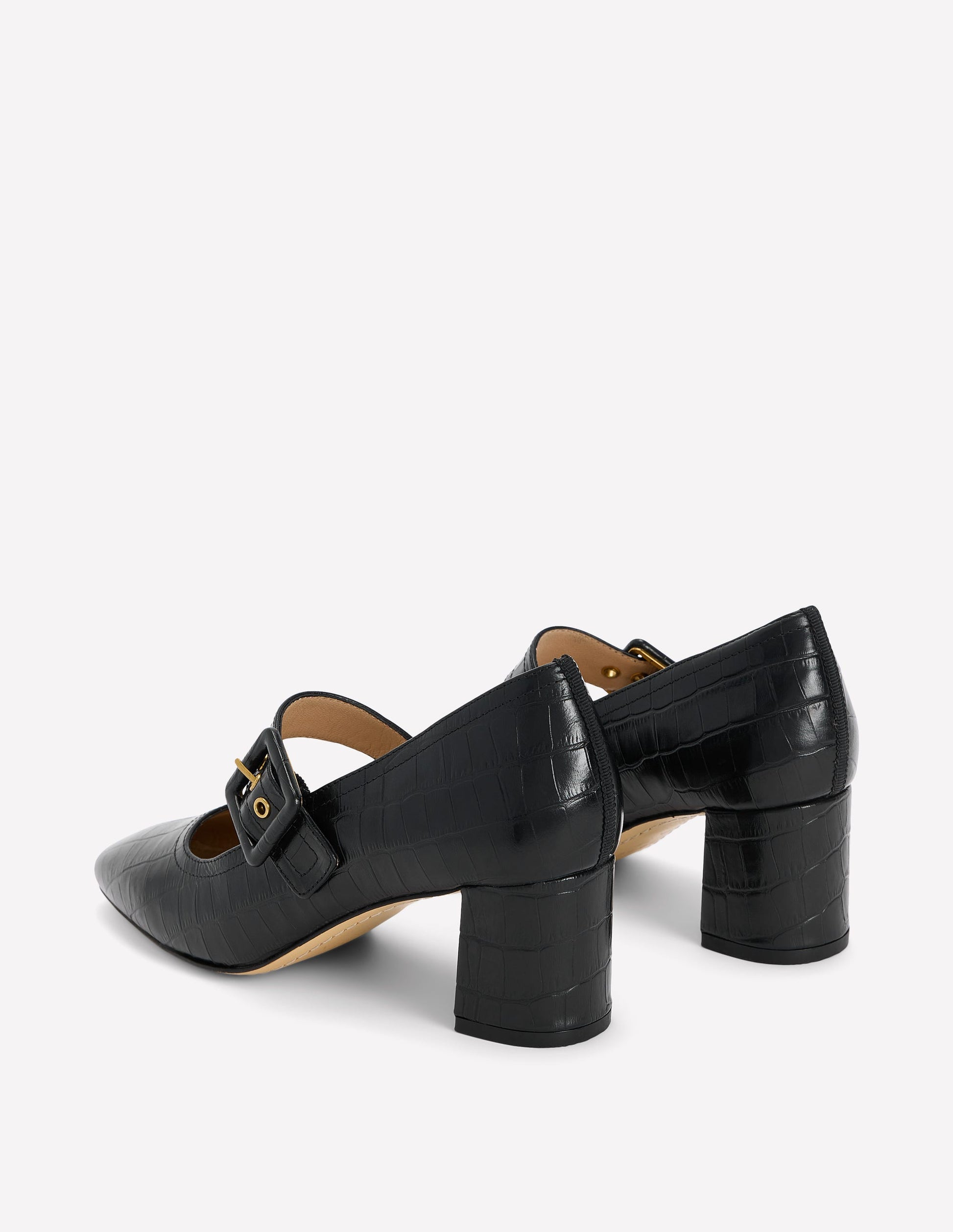 Buckle Strap Block Heels-Black Croc Embossed-5