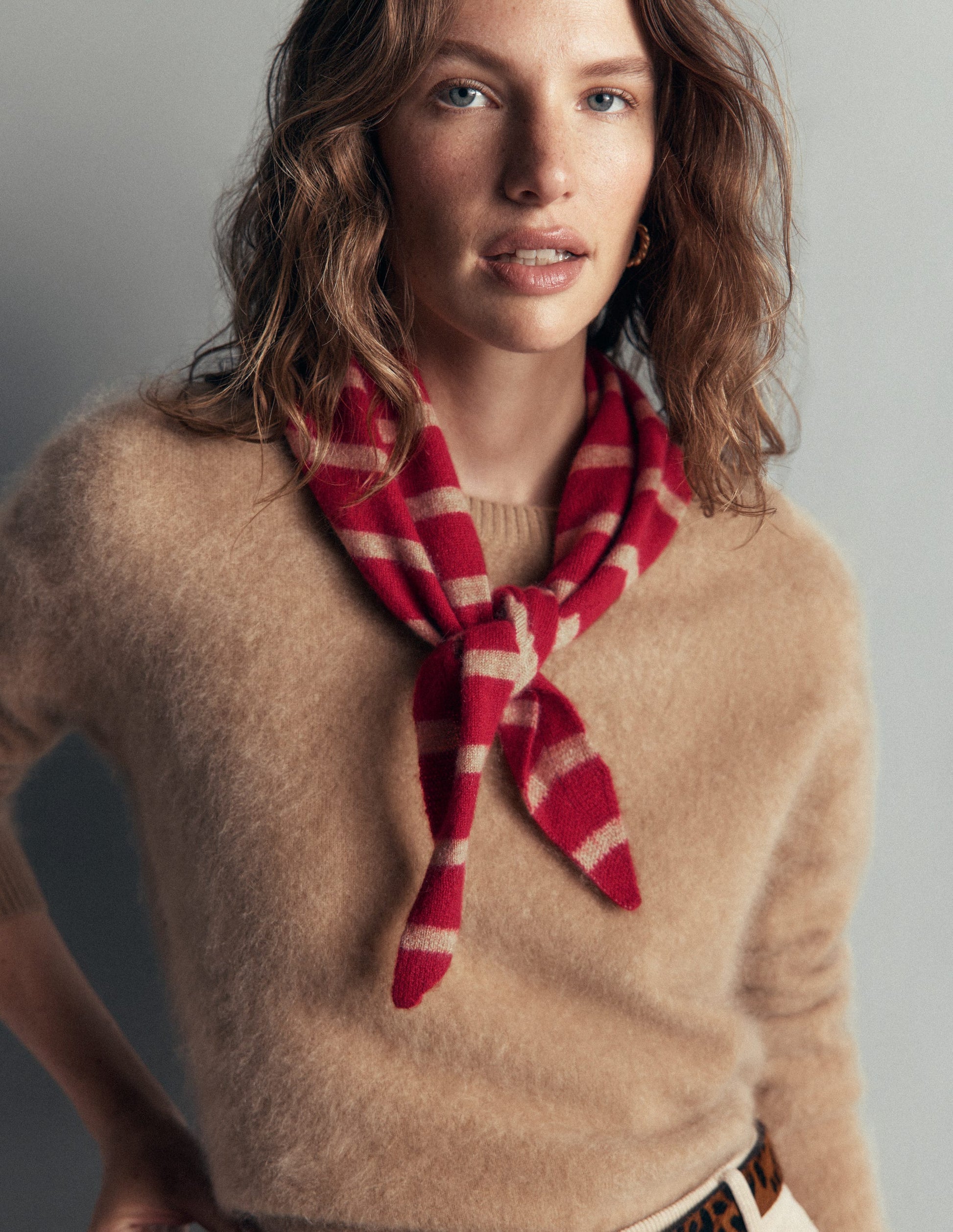 Cashmere Neckerchief-Poppy Red/ Camel Stripe-2